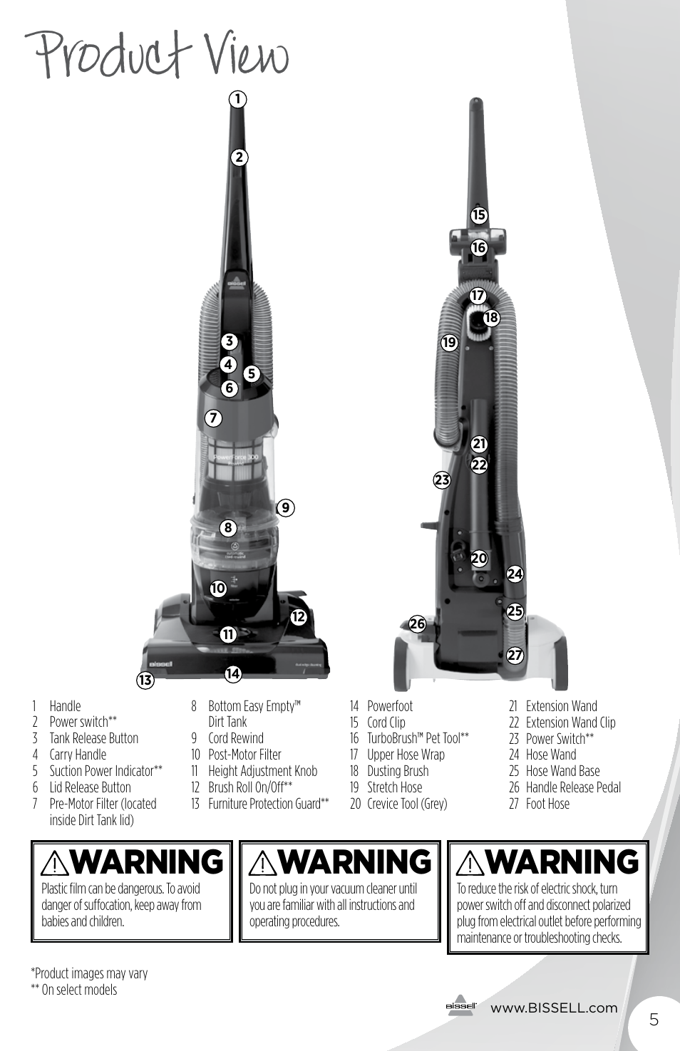 Product view, Warning | Bissell 3243e User Manual | Page 5 / 16