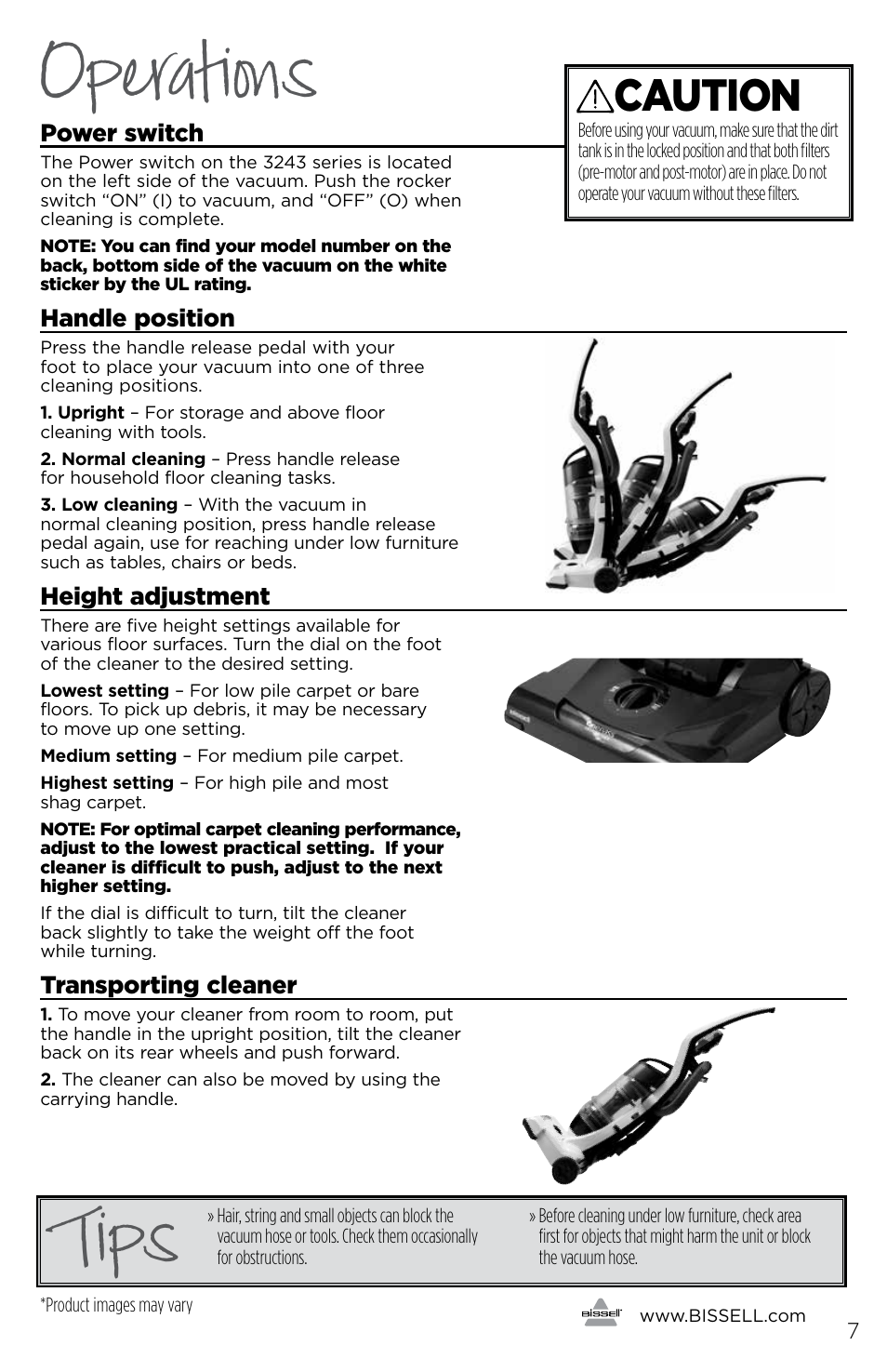 Operations, Tips, Caution | Bissell 3243e User Manual | Page 7 / 16