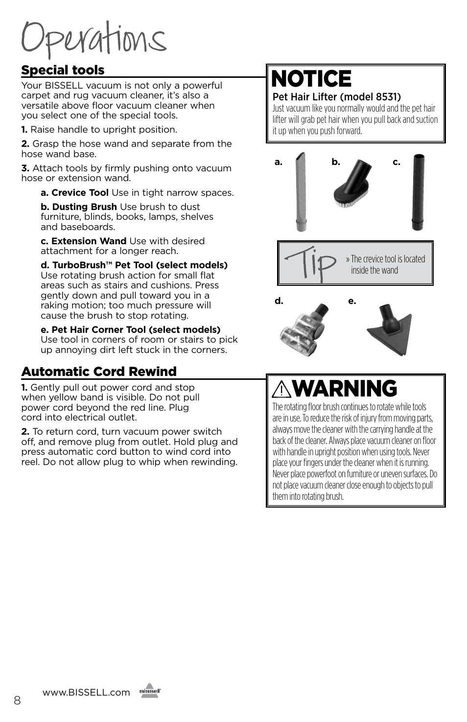 Operations, Warning, Notice | Bissell 3243e User Manual | Page 8 / 16