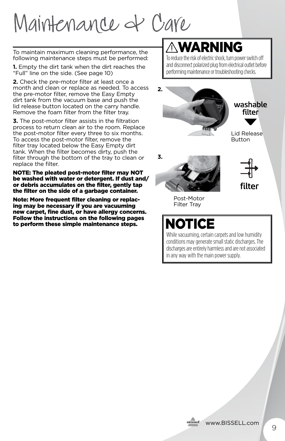 Maintenance & care, Warning, Notice | Bissell 3243e User Manual | Page 9 / 16