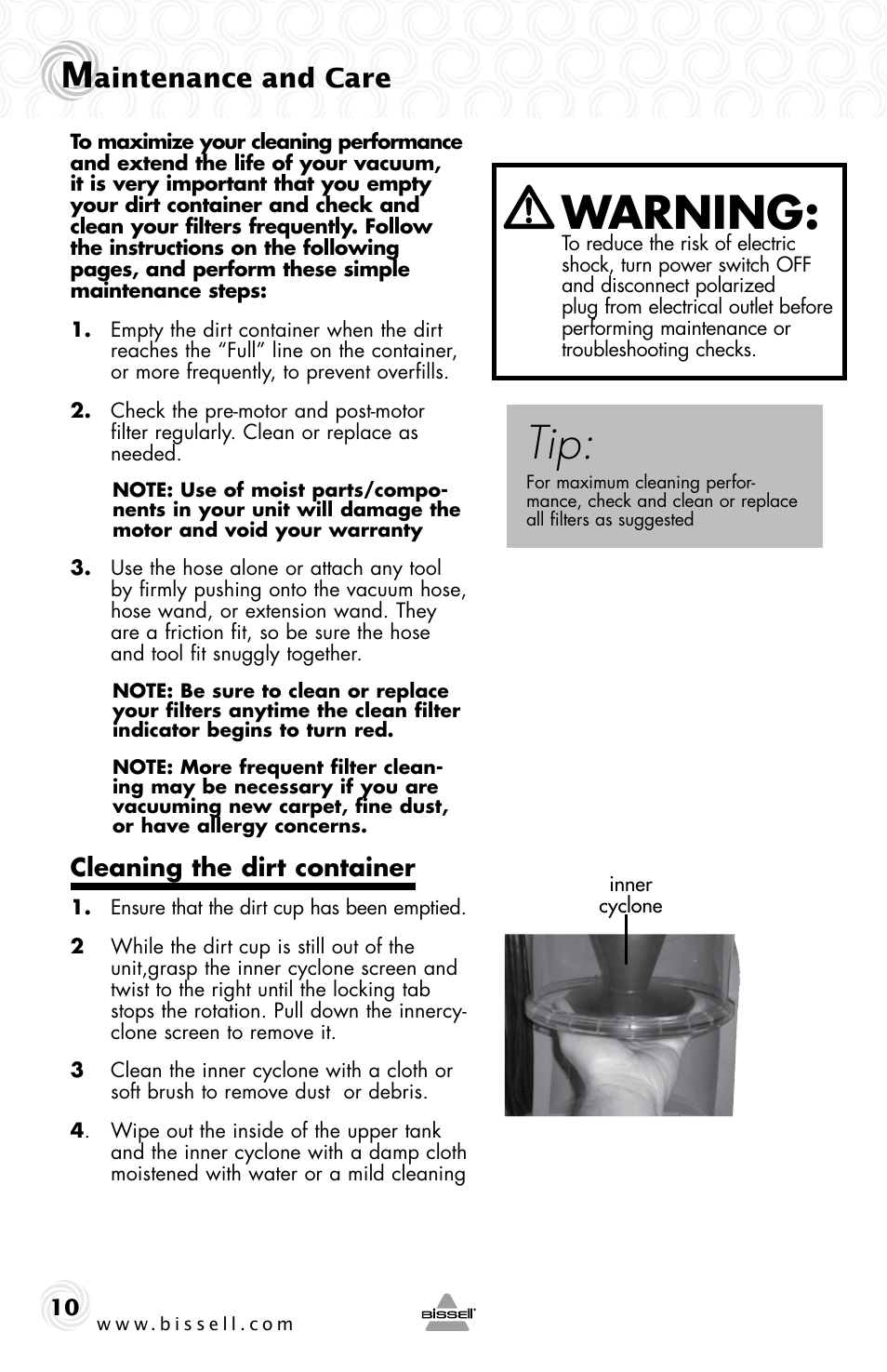 Warning, Aintenance and care, Cleaning the dirt container | Bissell 5283E User Manual | Page 10 / 20