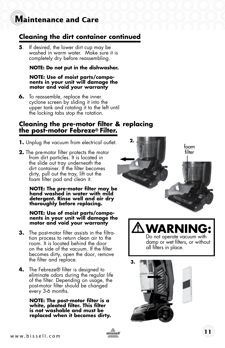 Warning, Aintenance and care, Filter | Bissell 5283E User Manual | Page 11 / 20