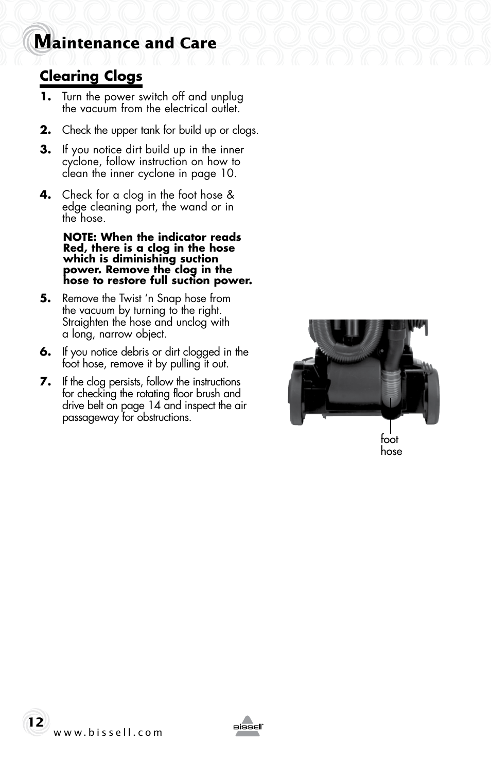 Aintenance and care, Clearing clogs | Bissell 5283E User Manual | Page 12 / 20