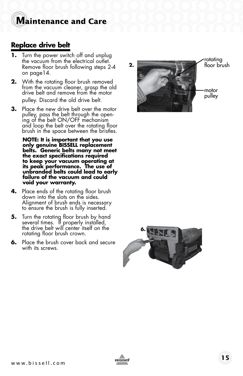 Aintenance and care, Replace drive belt | Bissell 5283E User Manual | Page 15 / 20