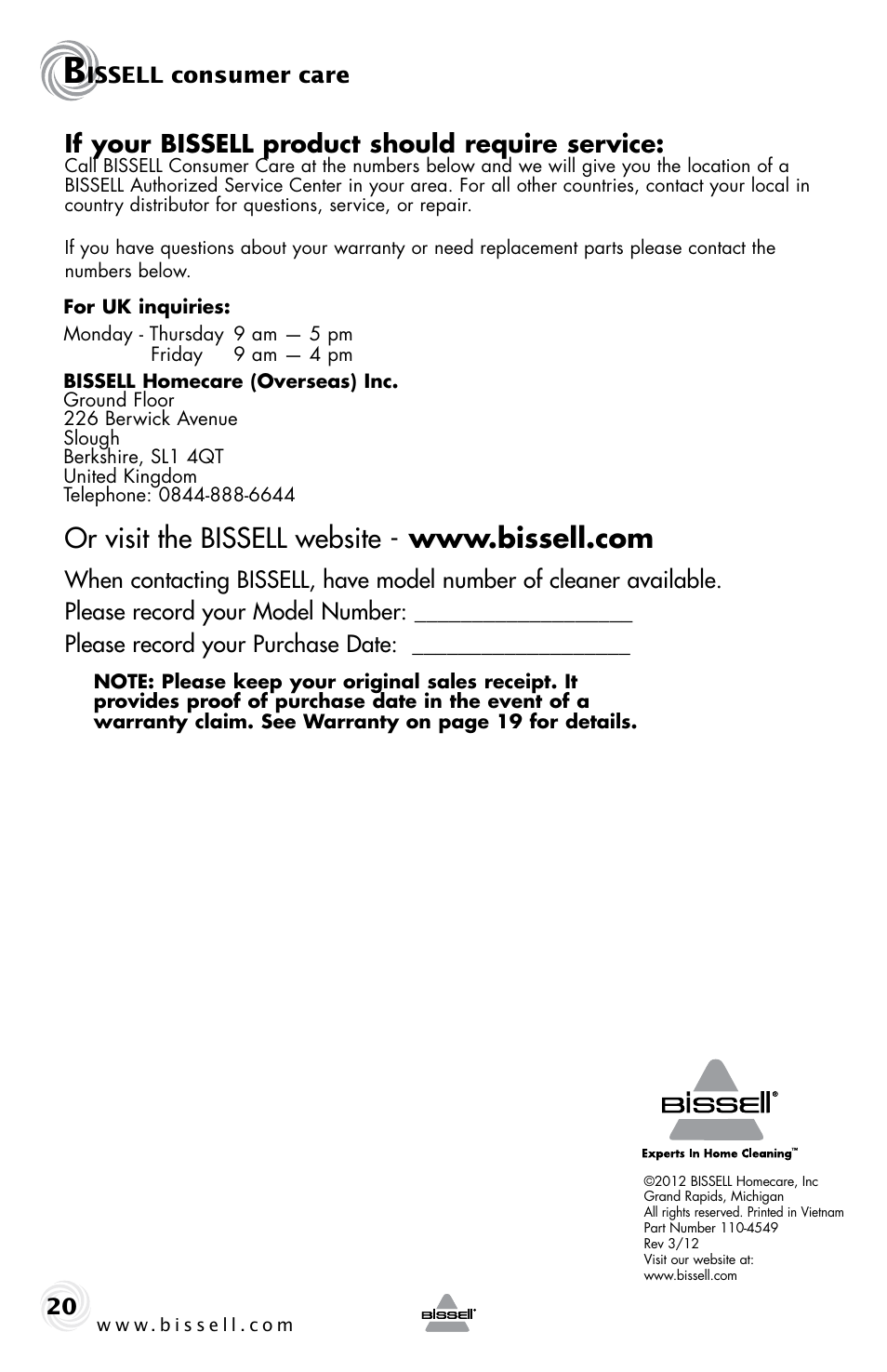 If your bissell product should require service, Issell consumer care | Bissell 5283E User Manual | Page 20 / 20