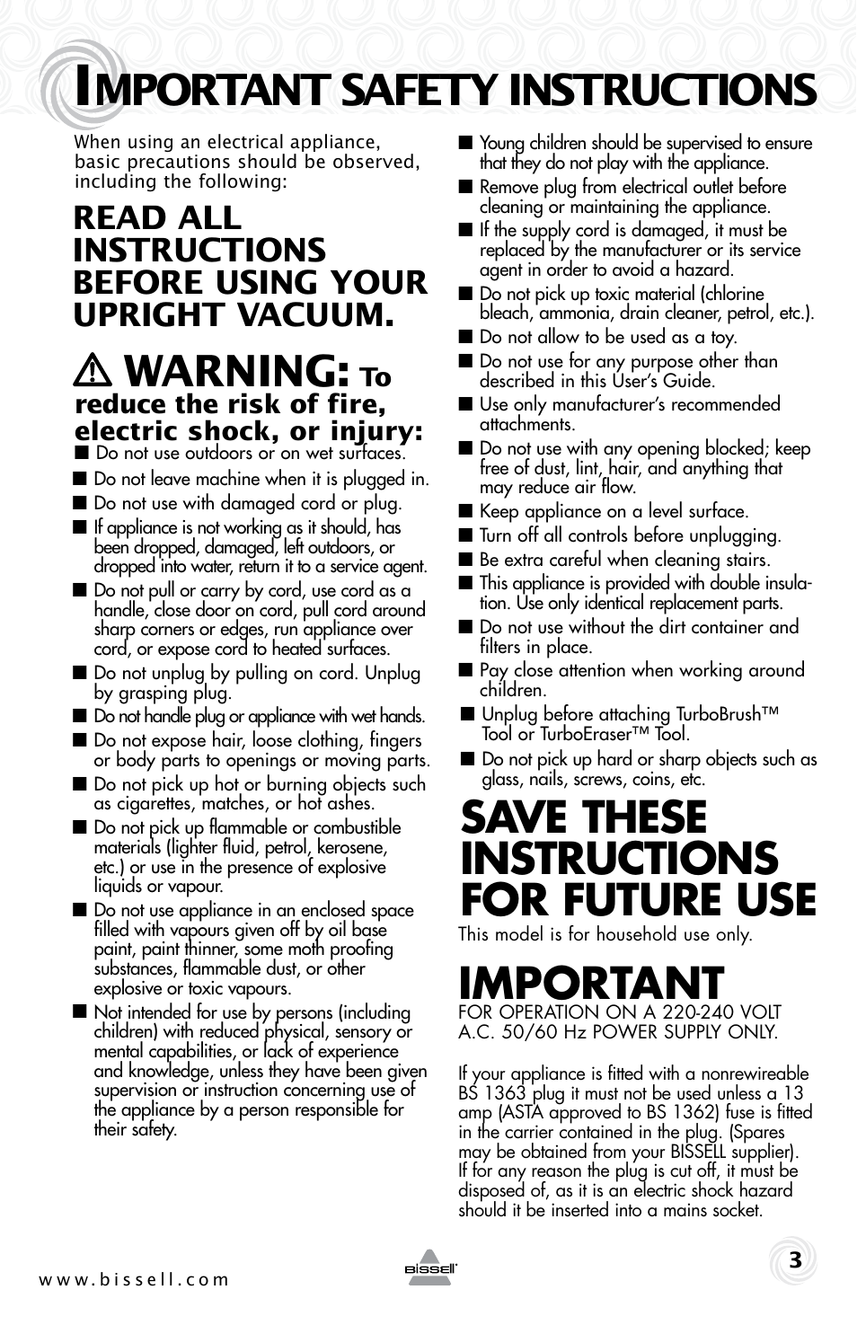 Mportant safety instructions, Warning, Save these instructions for future use | Important | Bissell 5283E User Manual | Page 3 / 20