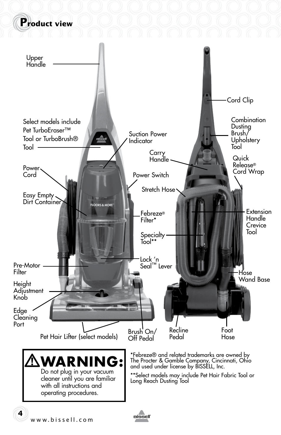 Warning | Bissell 5283E User Manual | Page 4 / 20