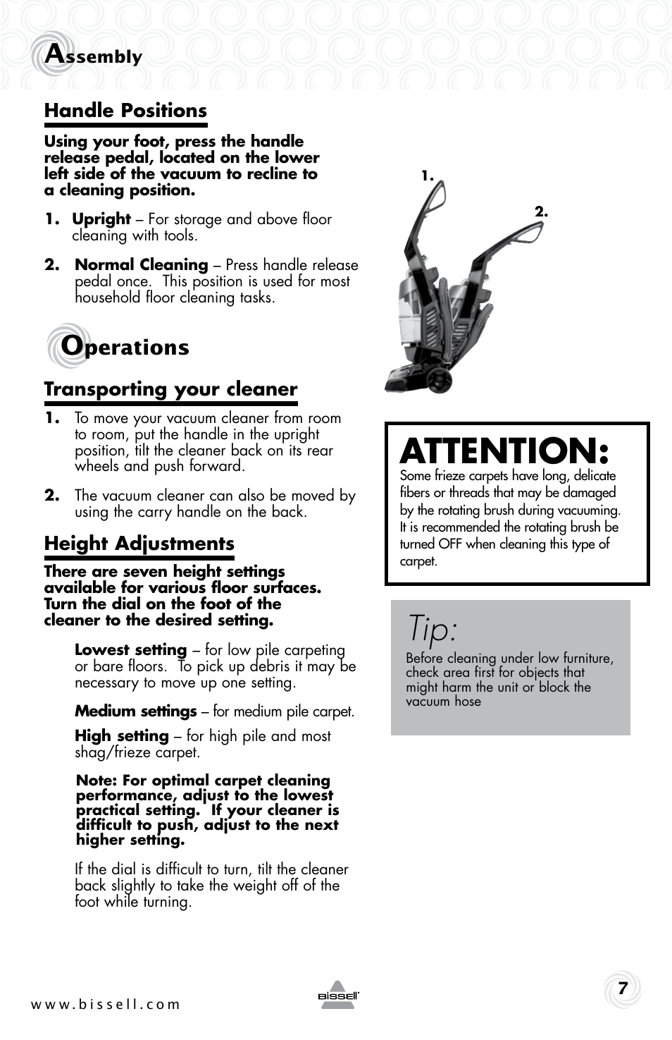 Attention, Perations, Handle positions | Transporting your cleaner, Height adjustments | Bissell 5283E User Manual | Page 7 / 20