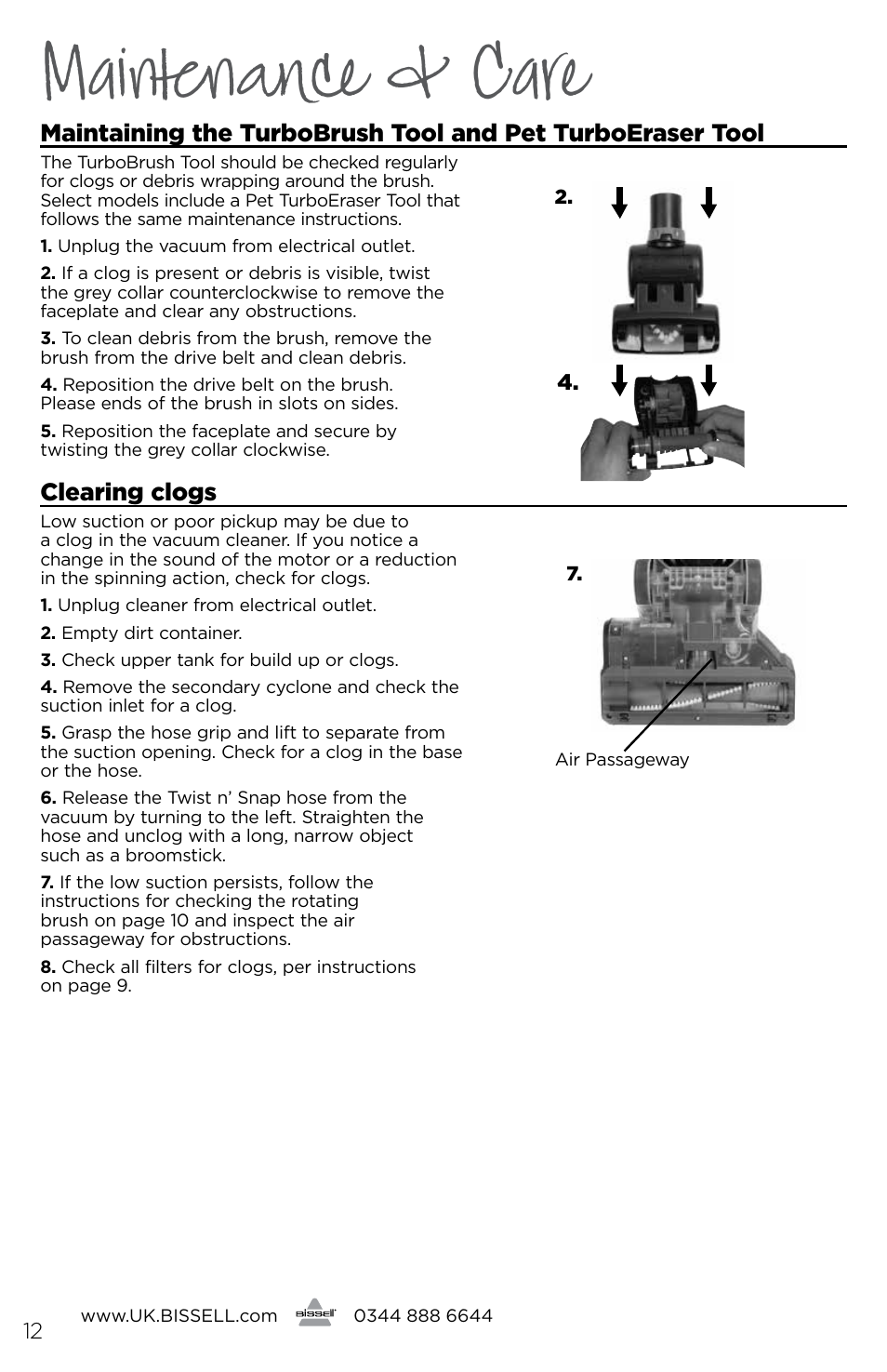 Maintenance & care, Clearing clogs | Bissell 48751 User Manual | Page 12 / 16