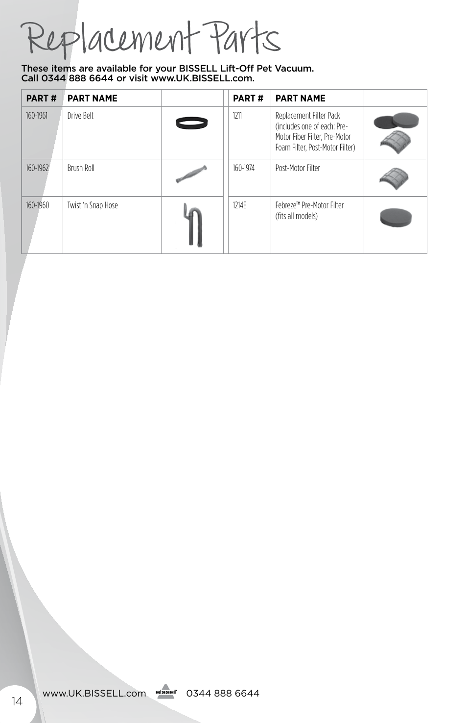 Replacement parts | Bissell 48751 User Manual | Page 14 / 16
