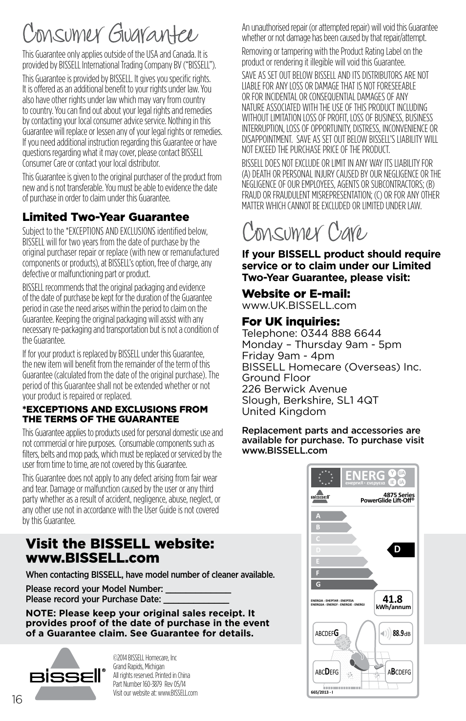 Consumer guarantee, Consumer care, Energ | Limited two-year guarantee, Website or e-mail, For uk inquiries | Bissell 48751 User Manual | Page 16 / 16