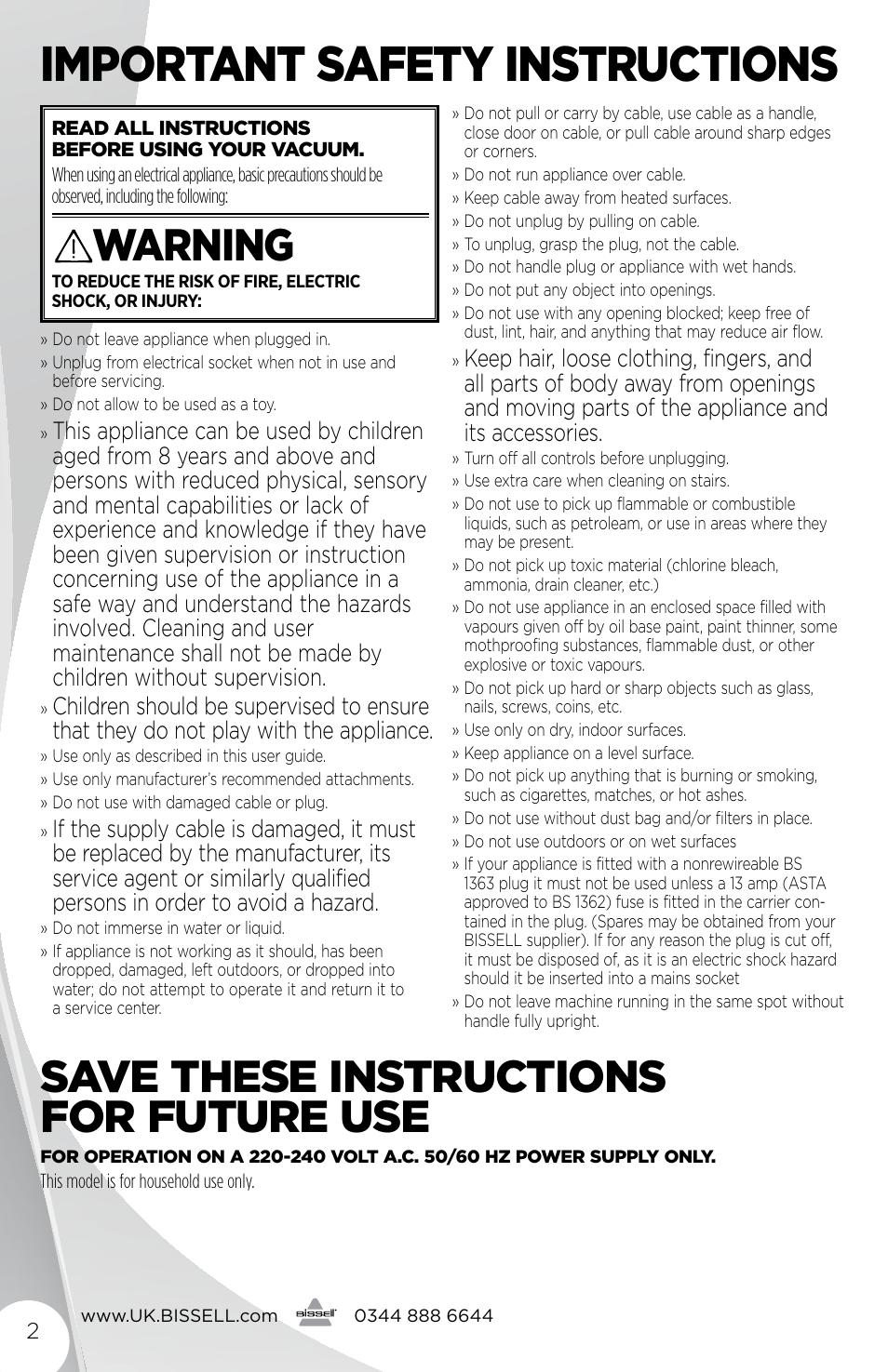 Important safety instructions, Warning, Save these instructions for future use | Bissell 48751 User Manual | Page 2 / 16