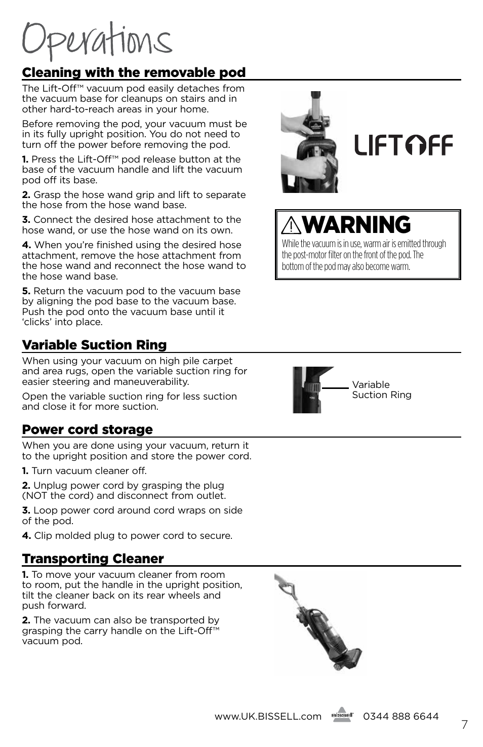 Operations, Warning, Cleaning with the removable pod | Variable suction ring, Power cord storage, Transporting cleaner | Bissell 48751 User Manual | Page 7 / 16