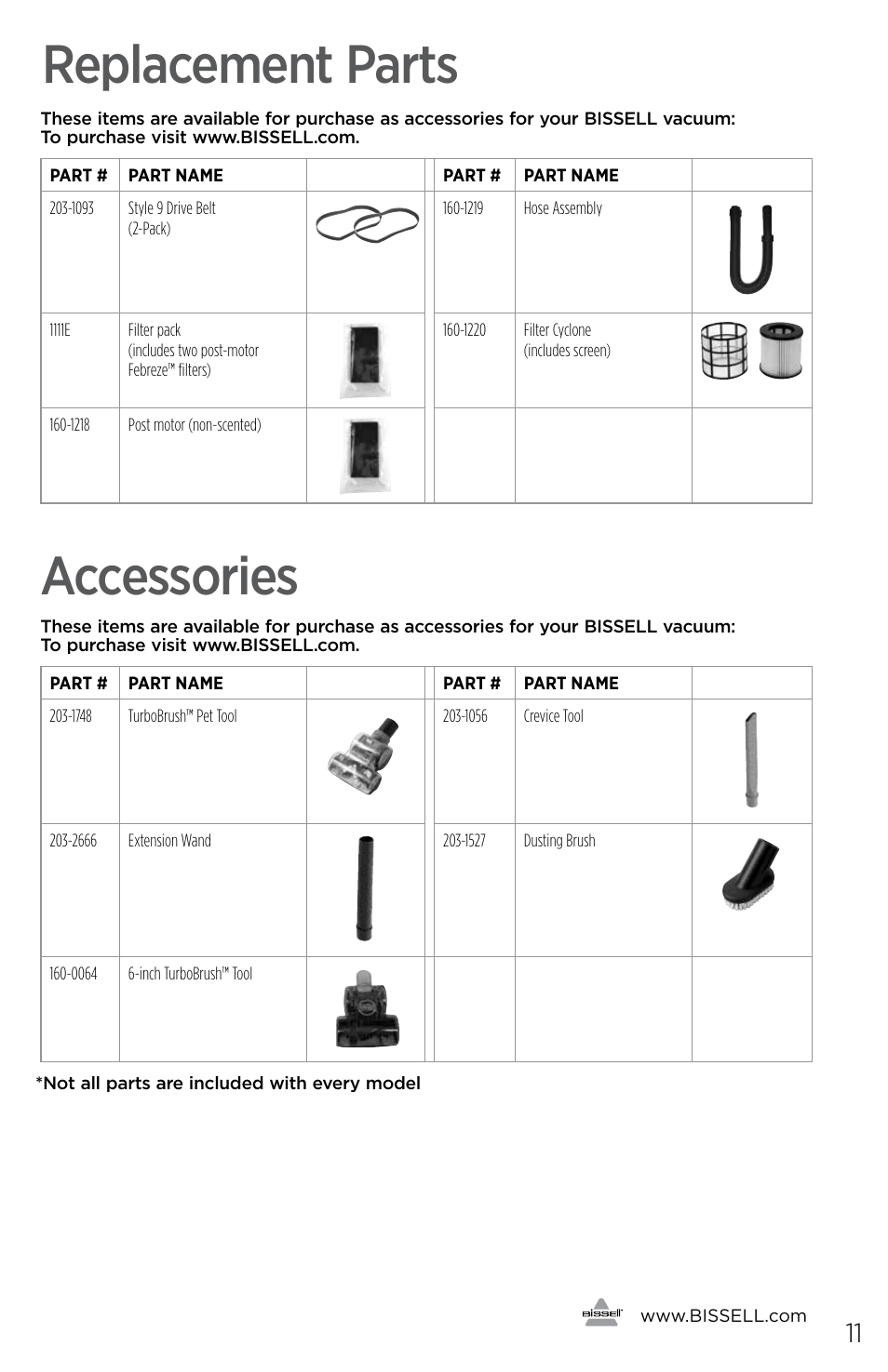 Replacement parts accessories | Bissell Powerforce 1401 series User Manual | Page 11 / 12