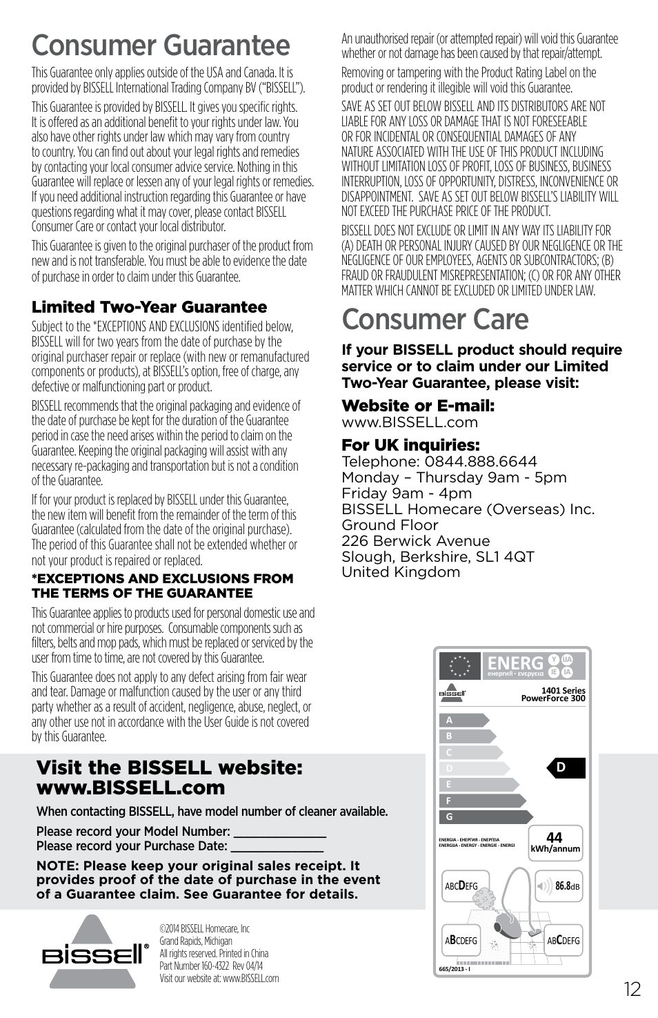 Consumer guarantee, Consumer care, Energ | Limited two-year guarantee, Website or e-mail, For uk inquiries | Bissell Powerforce 1401 series User Manual | Page 12 / 12