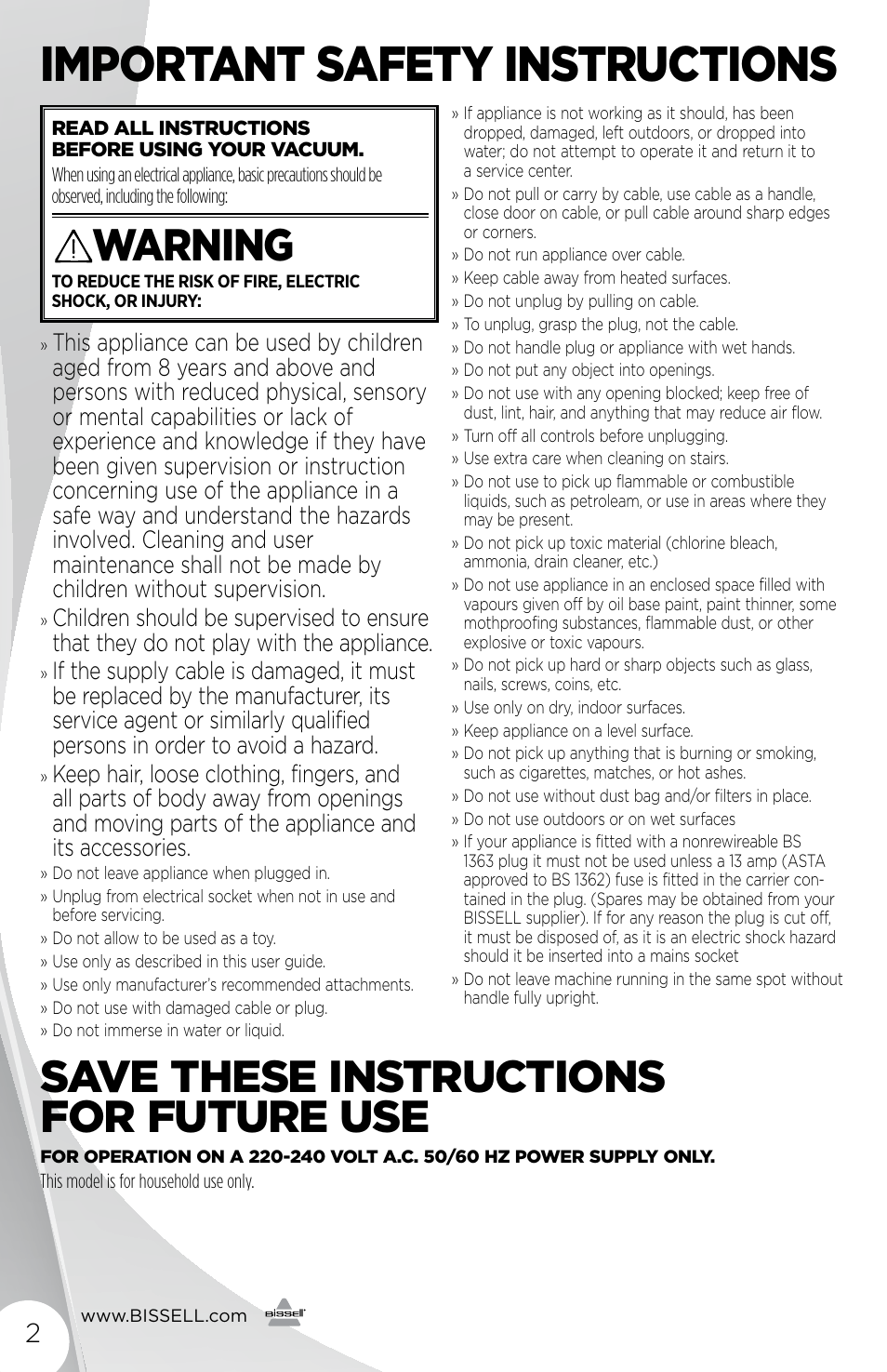 Important safety instructions, Warning, Save these instructions for future use | Bissell Powerforce 1401 series User Manual | Page 2 / 12