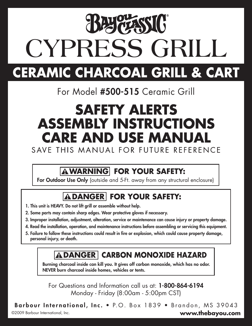 Bayou Classic Cypress Grill - Ceramic Charcoal Grill & Cart 500-515 User Manual | 12 pages