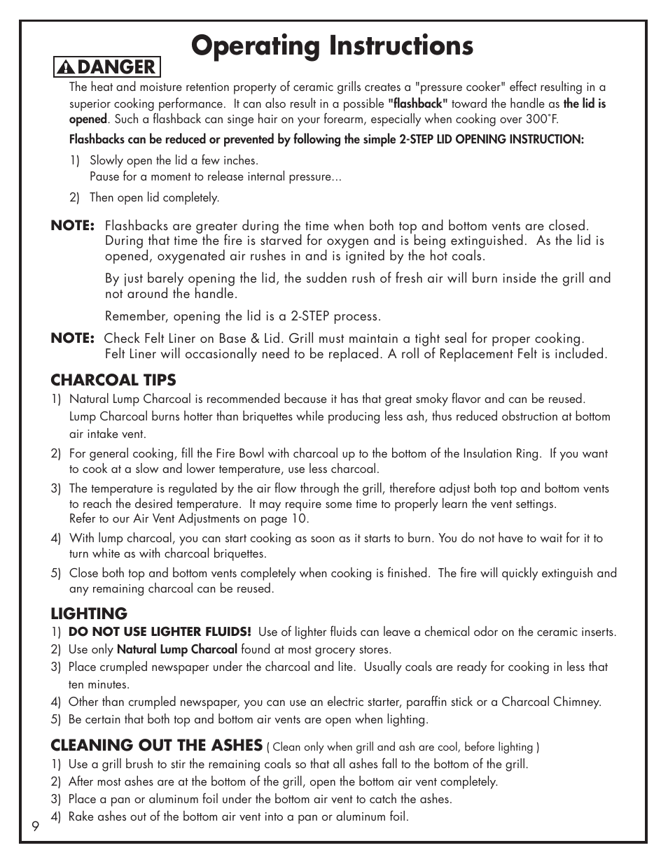 Operating instructions, Danger | Bayou Classic Cypress Grill - Ceramic Charcoal Grill & Cart 500-515 User Manual | Page 10 / 12