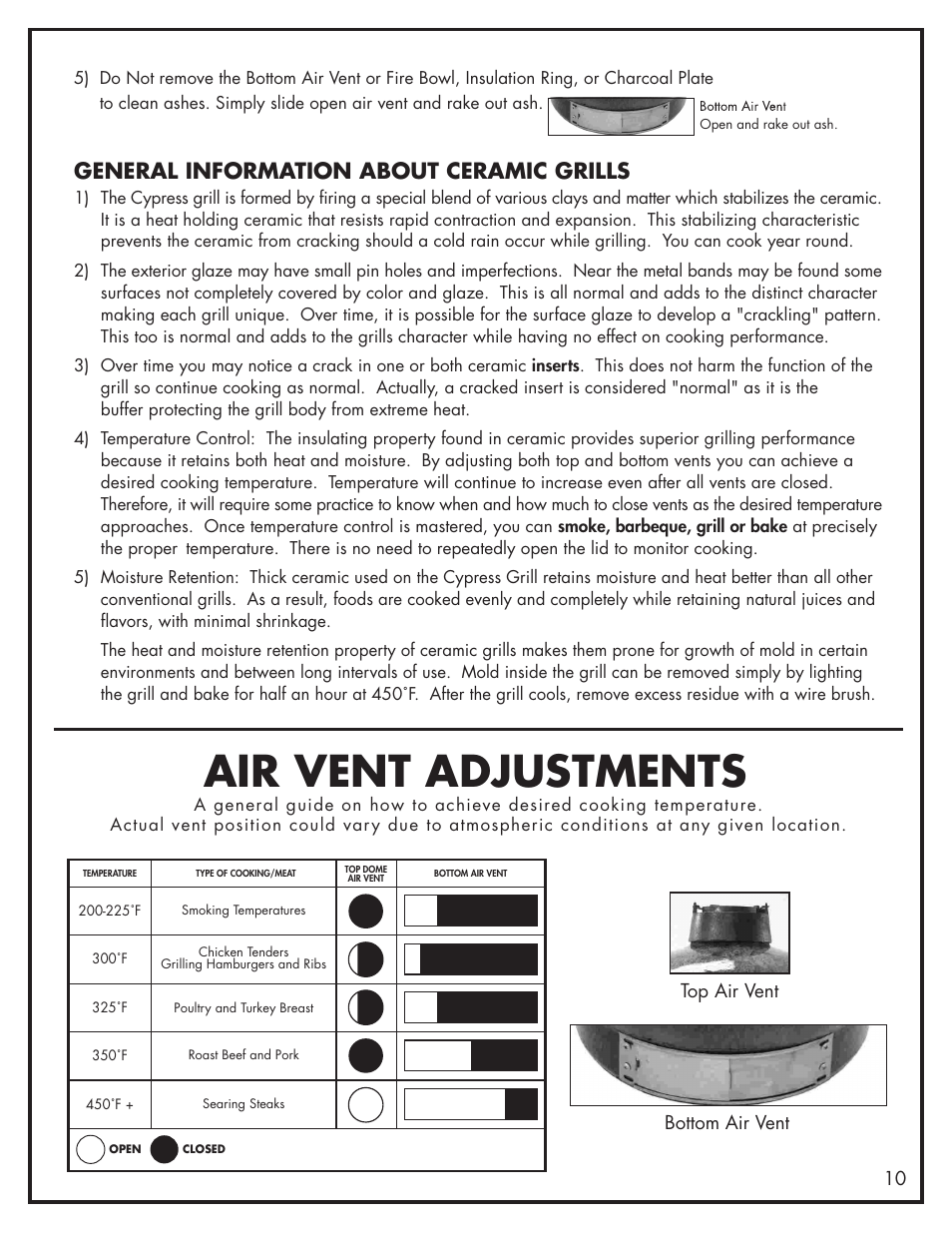 Air vent adjustments, General information about ceramic grills | Bayou Classic Cypress Grill - Ceramic Charcoal Grill & Cart 500-515 User Manual | Page 11 / 12
