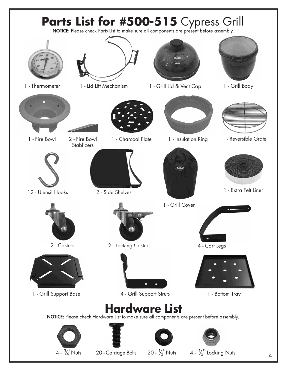 Hardware list | Bayou Classic Cypress Grill - Ceramic Charcoal Grill & Cart 500-515 User Manual | Page 5 / 12