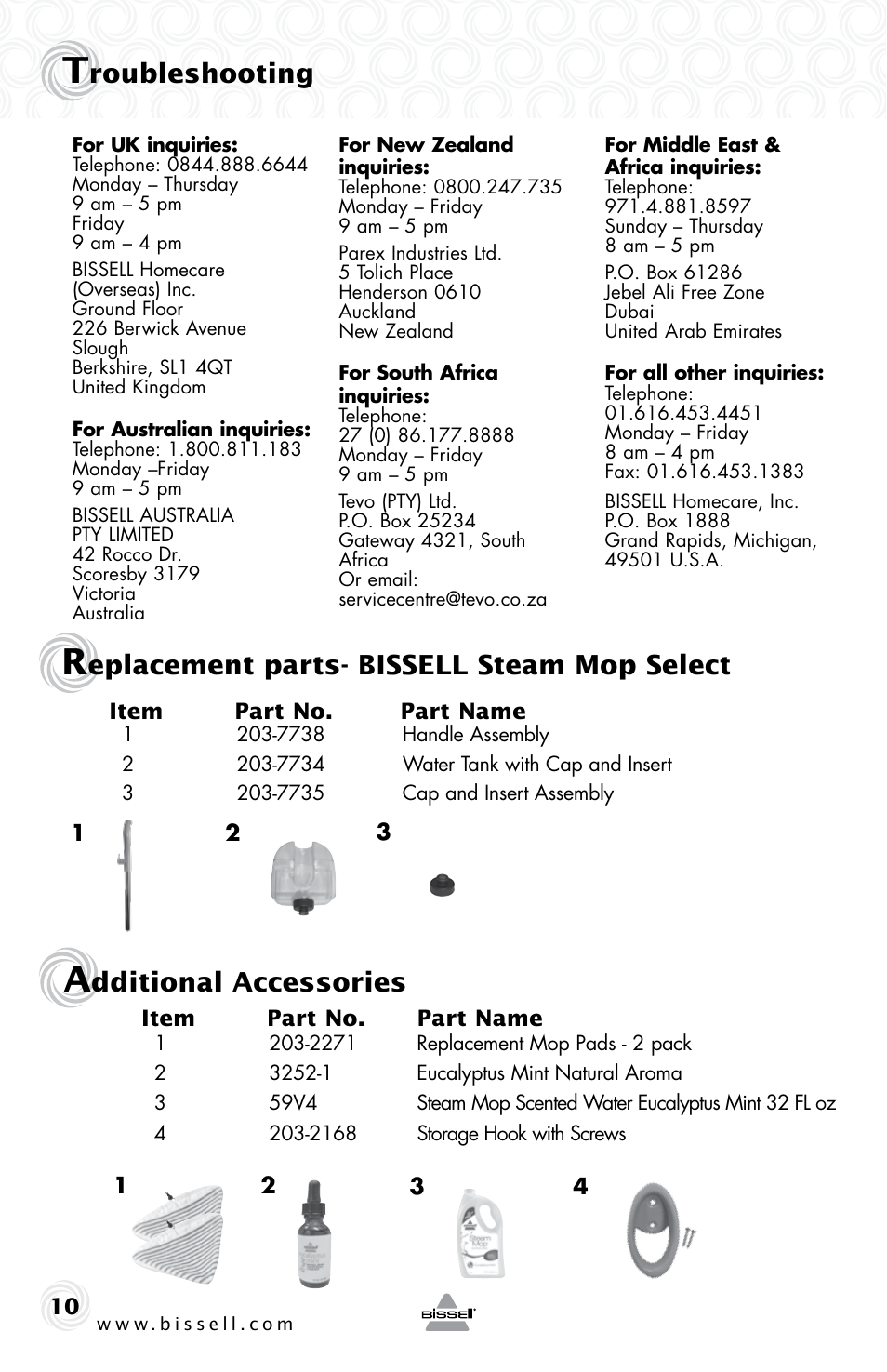 Dditional accessories, Eplacement parts- bissell steam mop select, Roubleshooting | Bissell 23V8E User Manual | Page 10 / 12