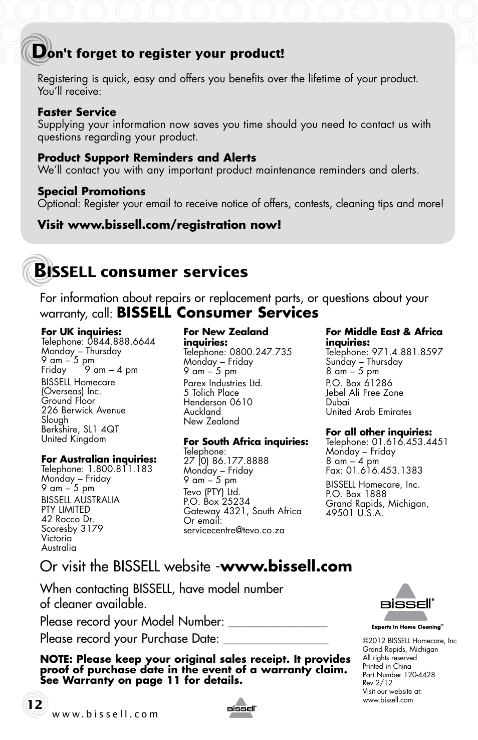 Issell, Consumer services, Bissell consumer services | On't forget to register your product | Bissell 23V8E User Manual | Page 12 / 12