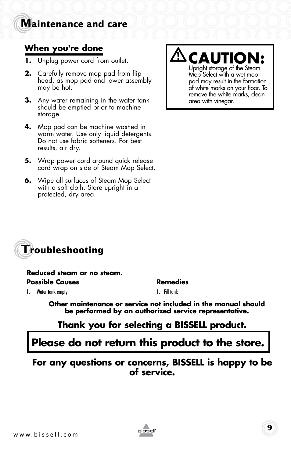 Caution, Please do not return this product to the store, Aintenance and care | Roubleshooting | Bissell 23V8E User Manual | Page 9 / 12