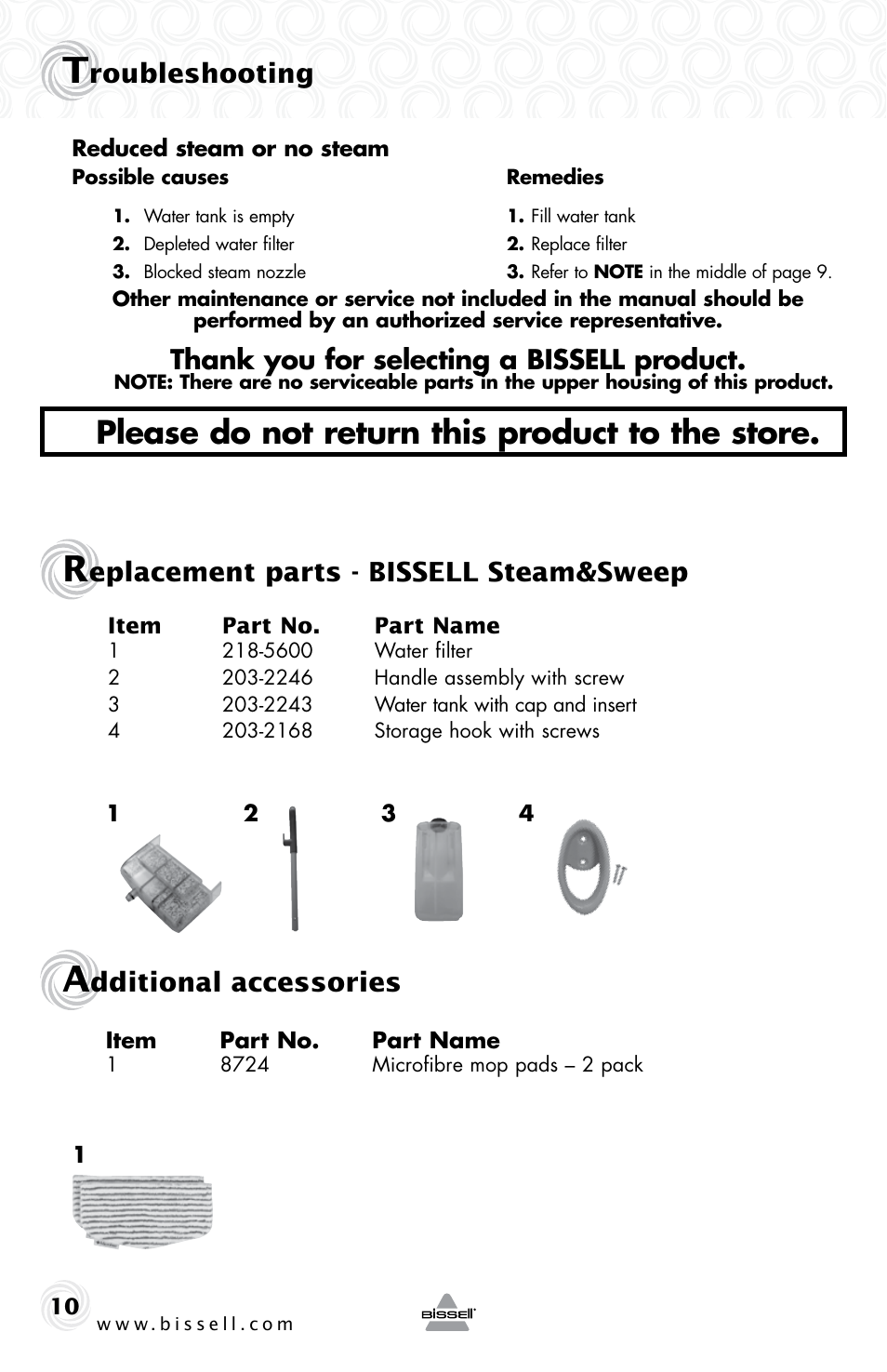 Please do not return this product to the store, Roubleshooting, Eplacement parts - bissell steam&sweep | Dditional accessories | Bissell 42A8E User Manual | Page 10 / 12