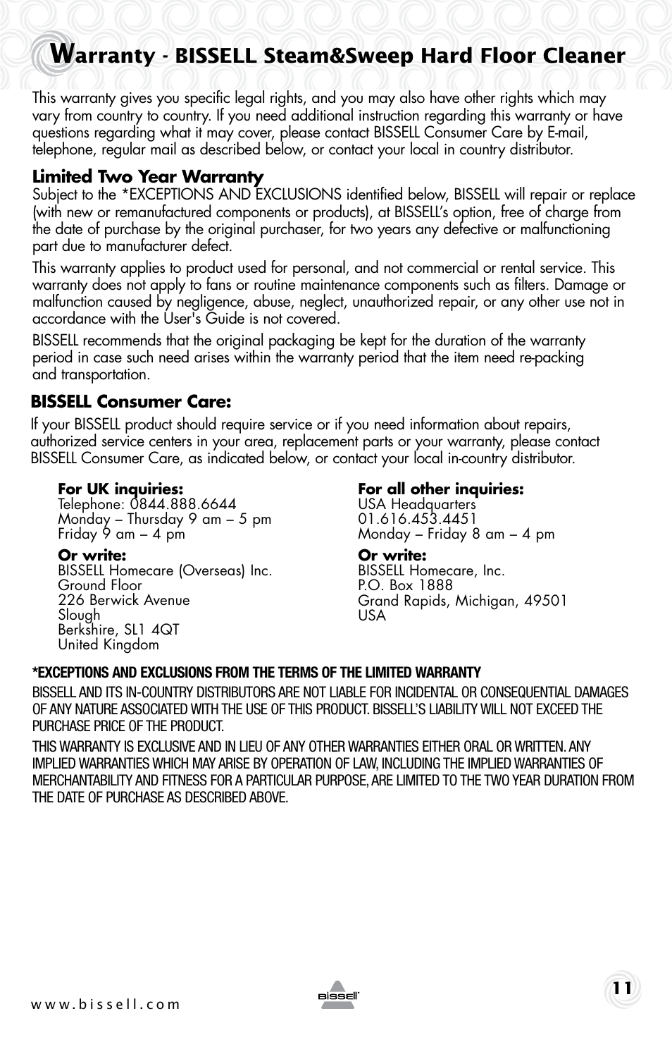 Arranty - bissell steam&sweep hard floor cleaner | Bissell 42A8E User Manual | Page 11 / 12