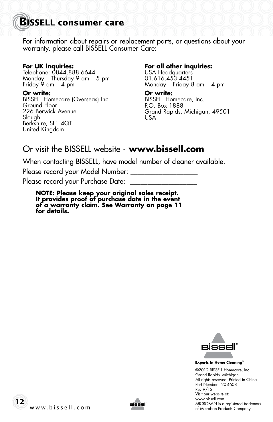 Issell consumer care | Bissell 42A8E User Manual | Page 12 / 12