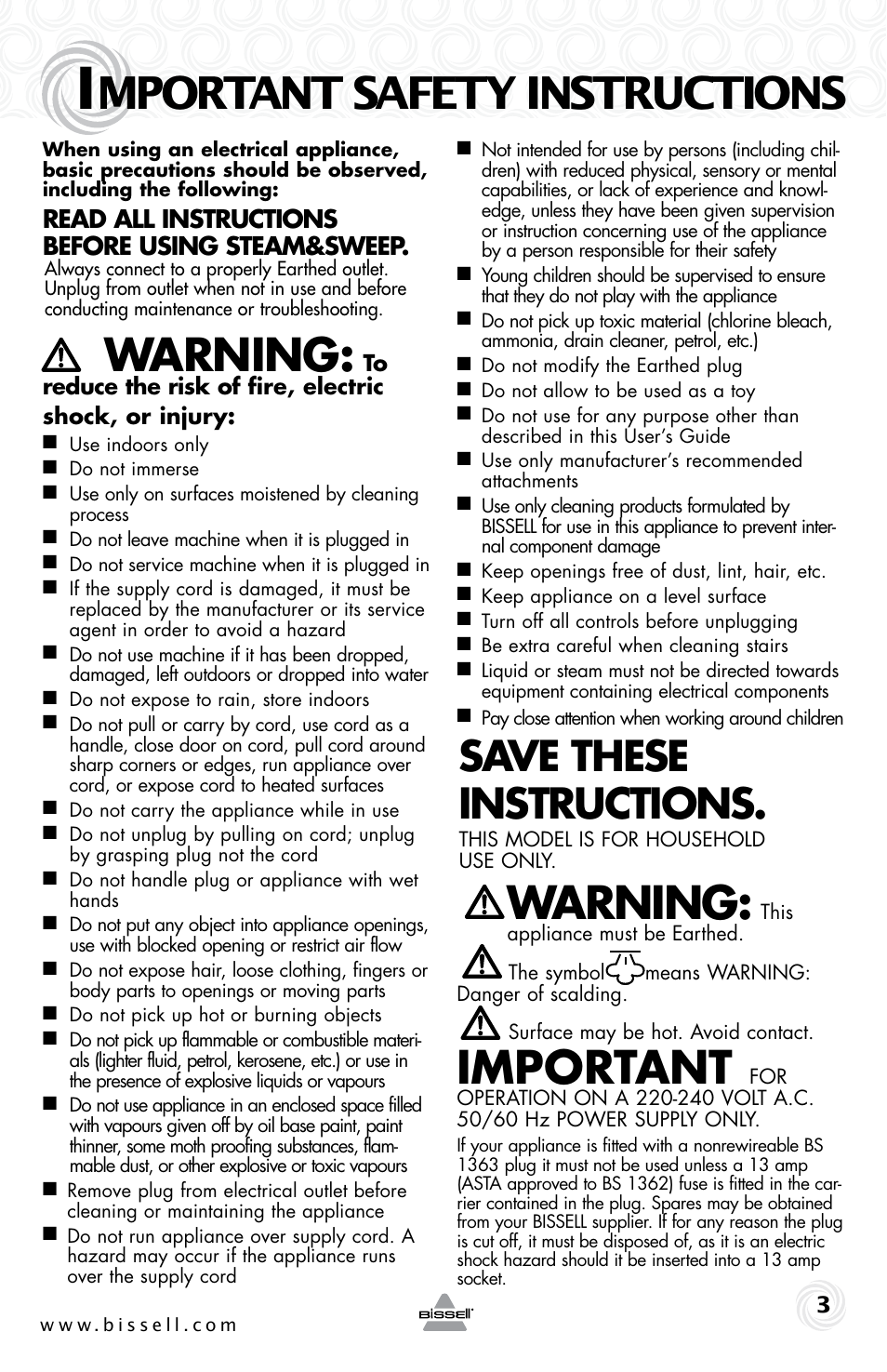 Mportant safety instructions, Warning, Important | Save these instructions, Read all instructions before using steam&sweep | Bissell 42A8E User Manual | Page 3 / 12