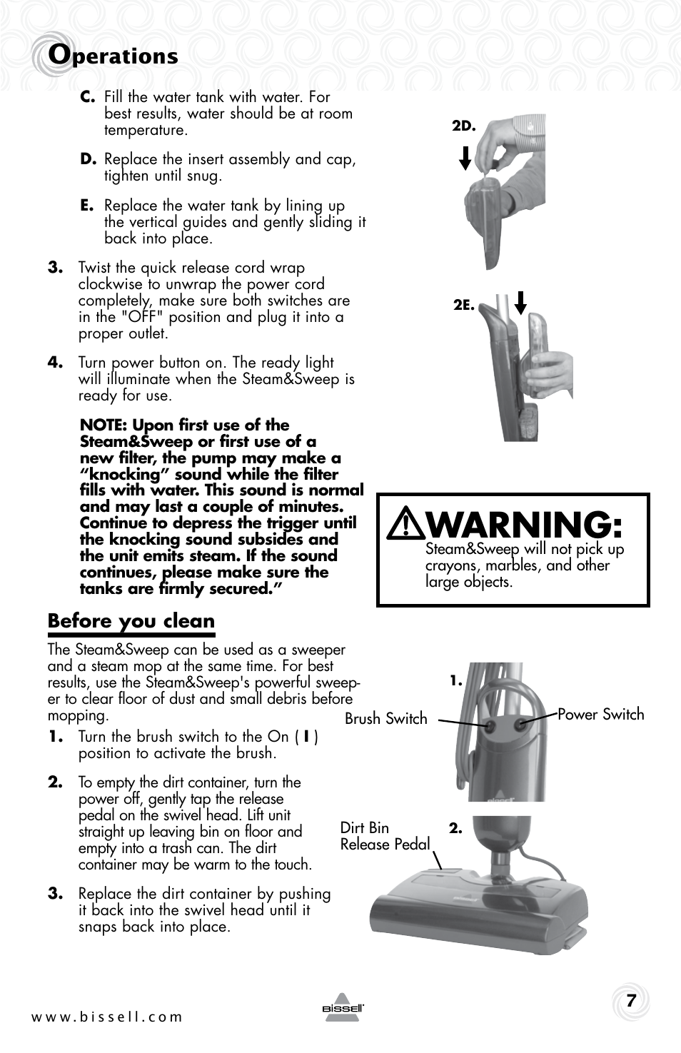 Warning, Perations, Before you clean | Bissell 42A8E User Manual | Page 7 / 12