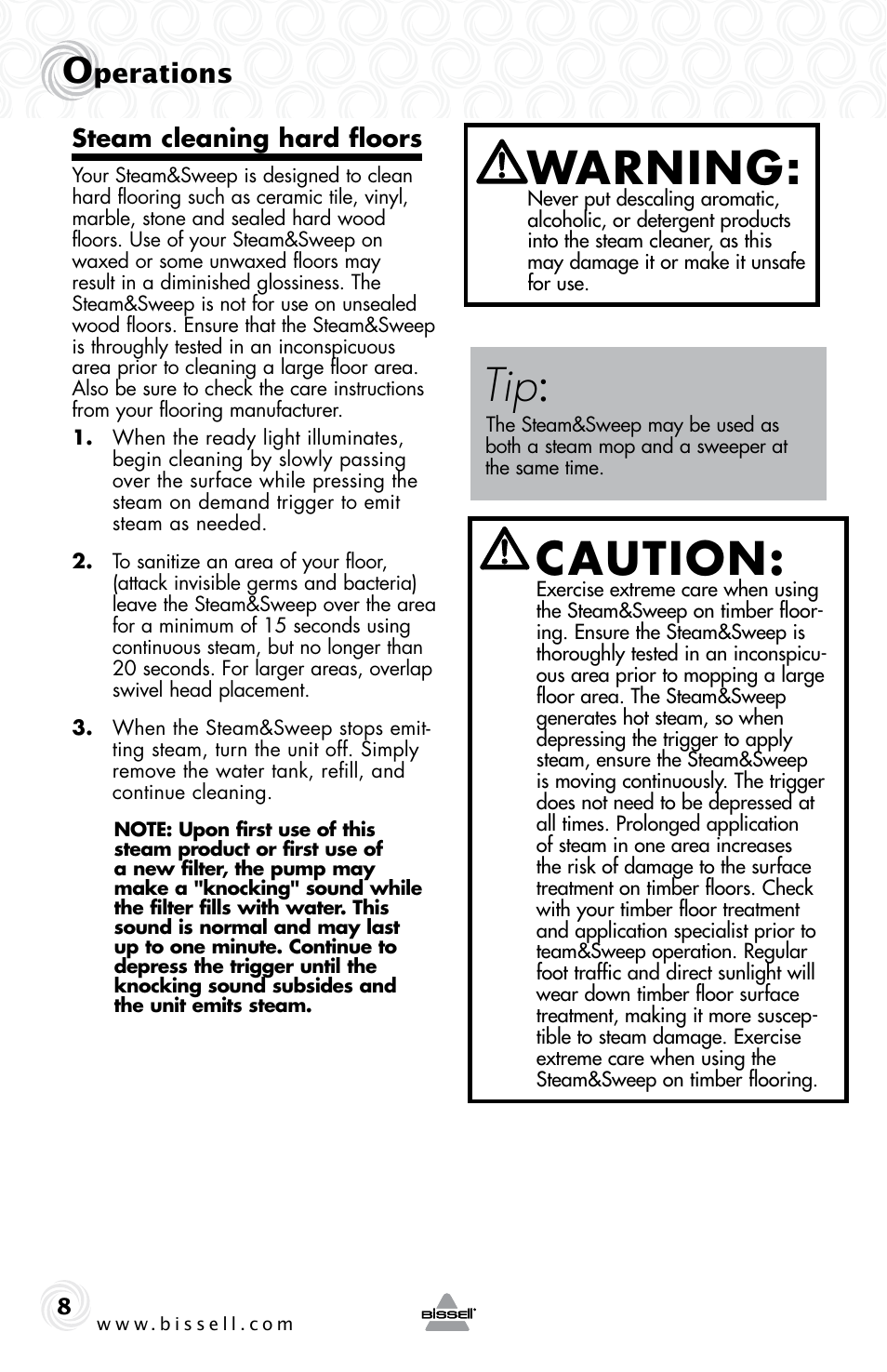 Warning, Caution, Perations | Steam cleaning hard floors | Bissell 42A8E User Manual | Page 8 / 12