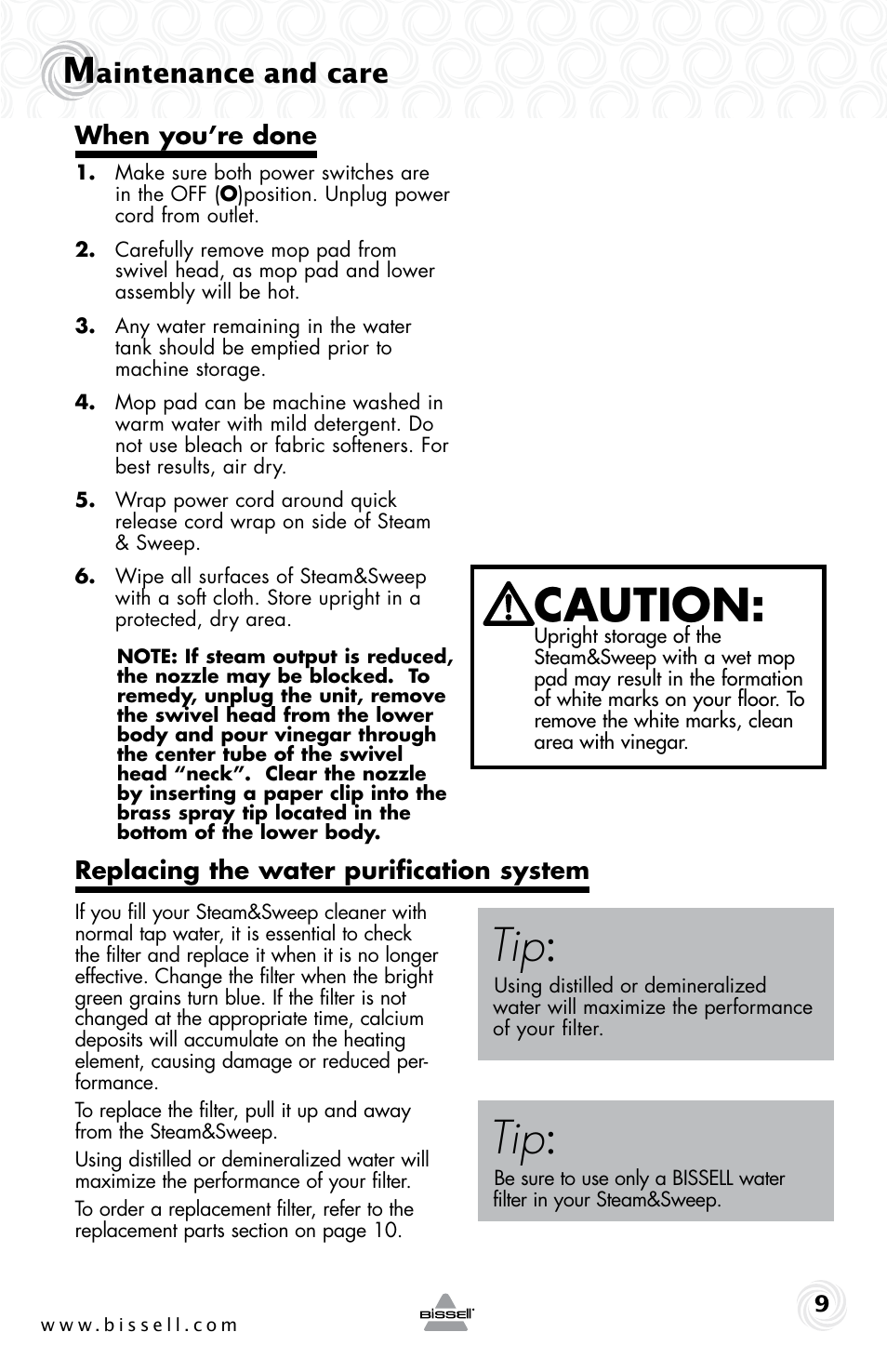 Caution, Aintenance and care | Bissell 42A8E User Manual | Page 9 / 12