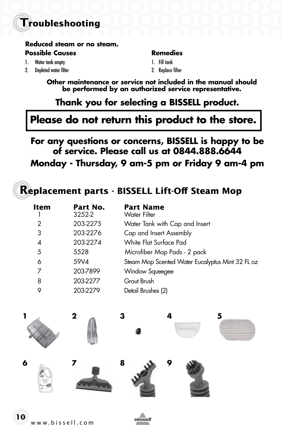 Please do not return this product to the store, Roubleshooting, Eplacement parts - bissell lift-off steam mop | Bissell 23K5E User Manual | Page 10 / 12