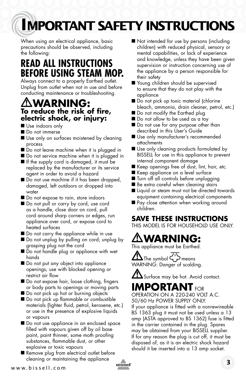 Mportant safety instructions, Read all instructions before using steam mop, Warning | Important, Save these instructions | Bissell 23K5E User Manual | Page 3 / 12