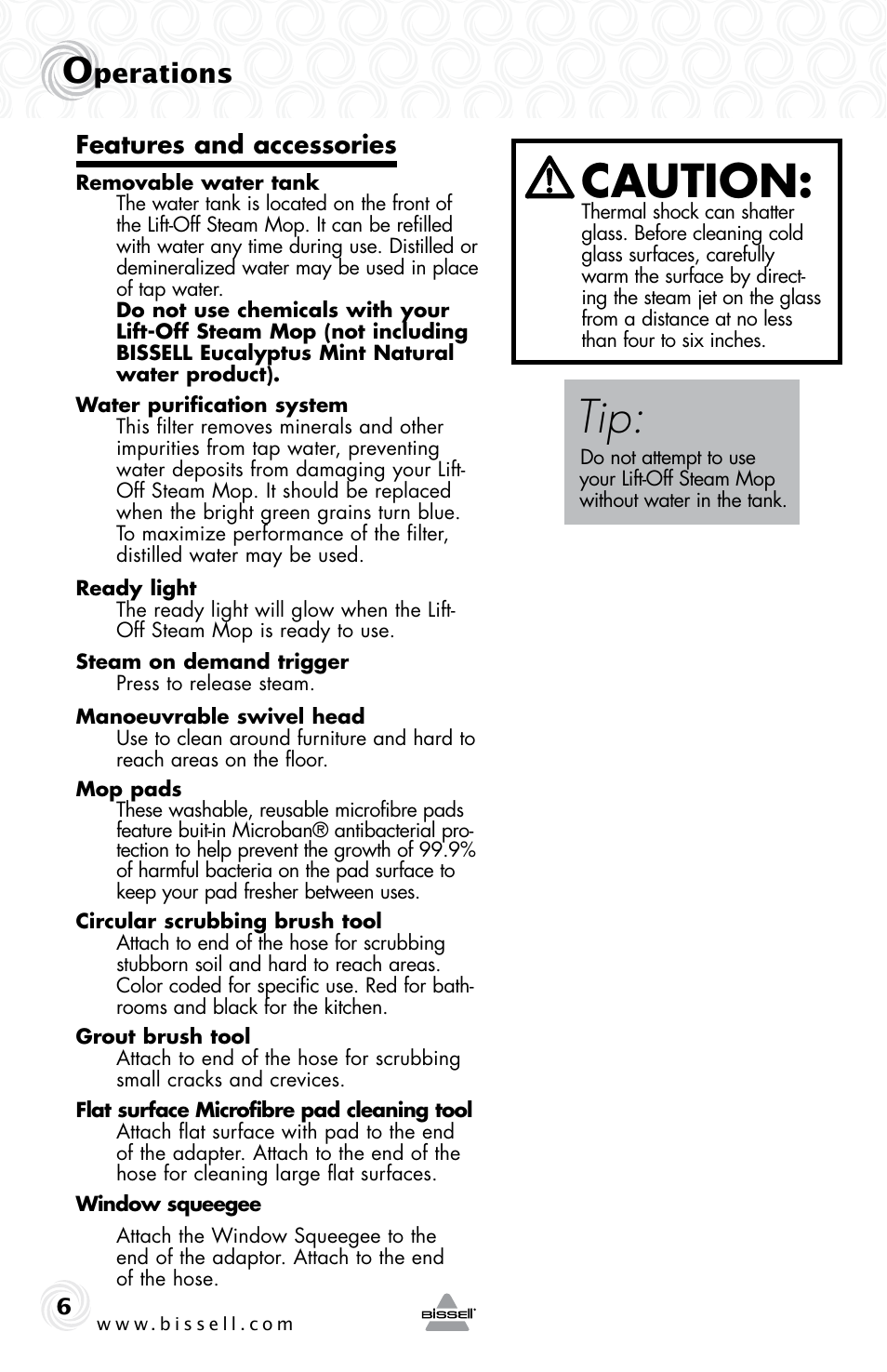 Caution, Perations, Features and accessories | Bissell 23K5E User Manual | Page 6 / 12