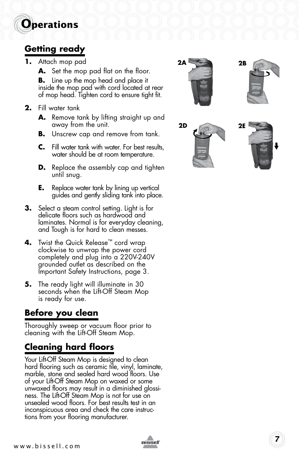 Perations, Getting ready, Before you clean | Cleaning hard floors | Bissell 23K5E User Manual | Page 7 / 12