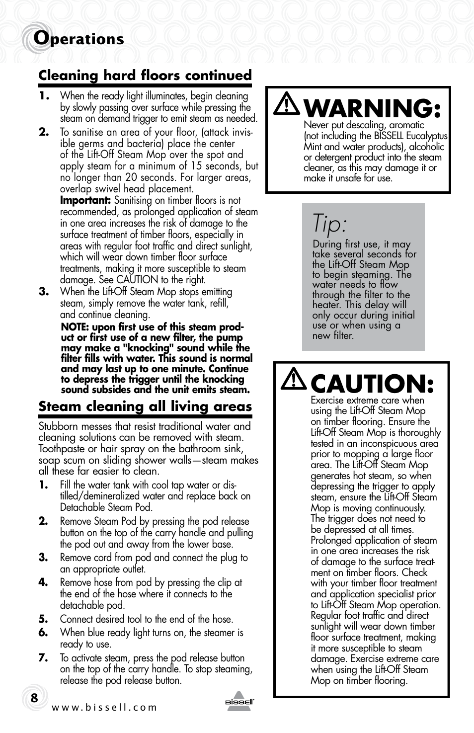 Warning, Caution, Perations | Cleaning hard floors continued, Steam cleaning all living areas | Bissell 23K5E User Manual | Page 8 / 12