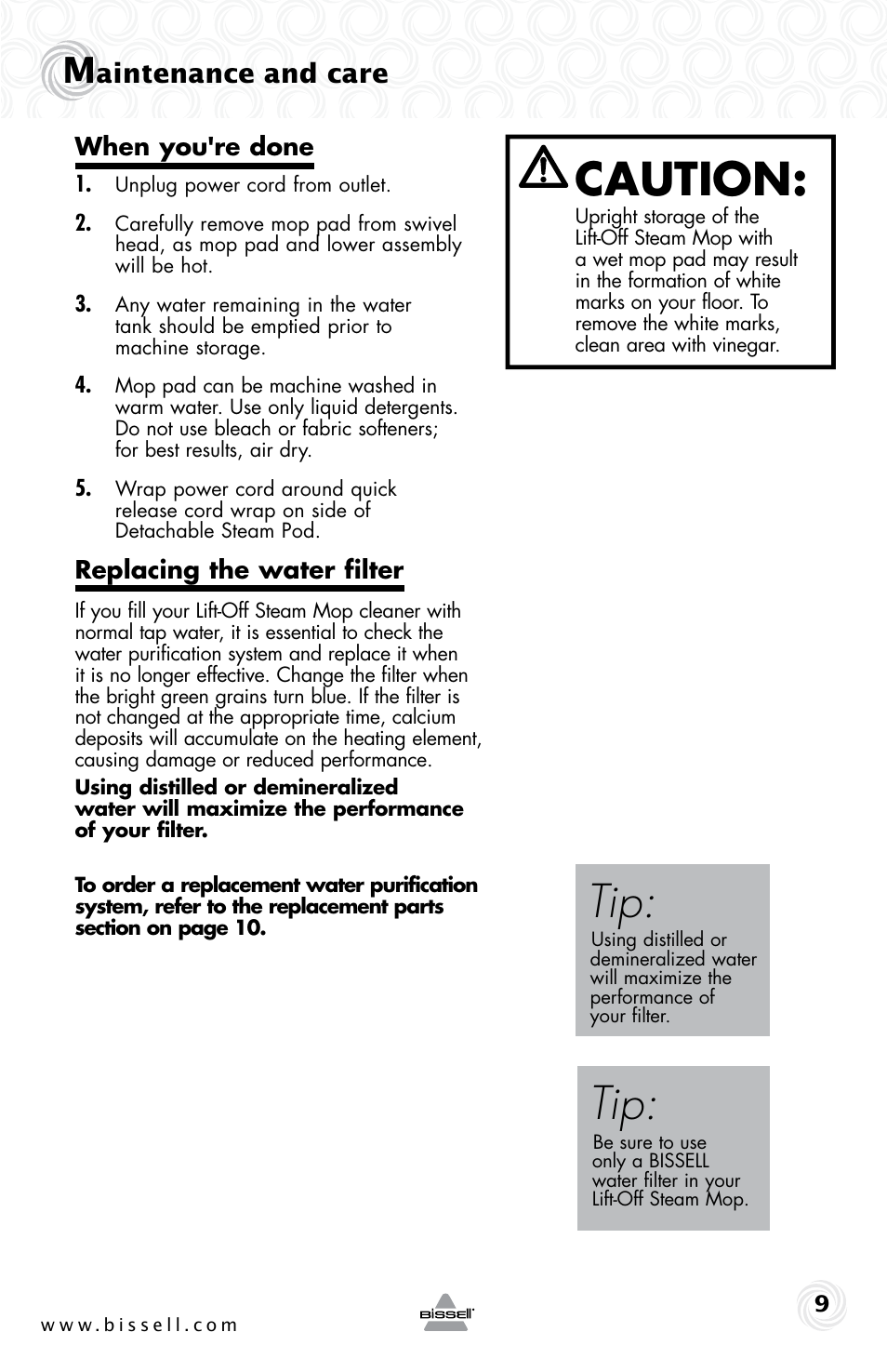 Caution, Aintenance and care | Bissell 23K5E User Manual | Page 9 / 12