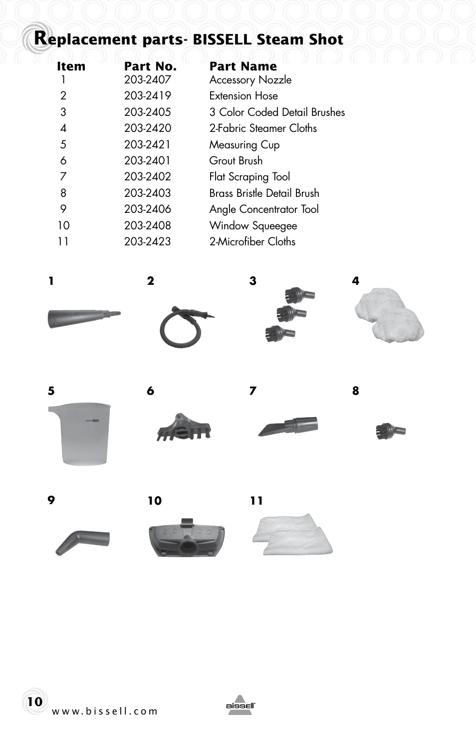 Eplacement parts- bissell steam shot | Bissell 2635 User Manual | Page 10 / 12