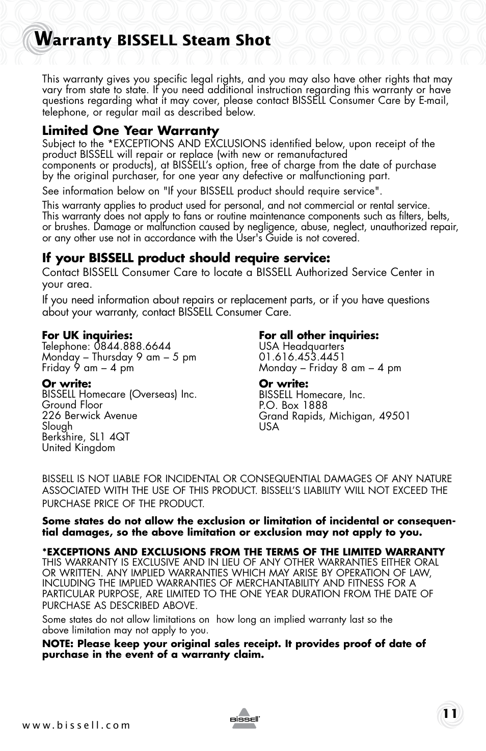 Arranty bissell steam shot | Bissell 2635 User Manual | Page 11 / 12