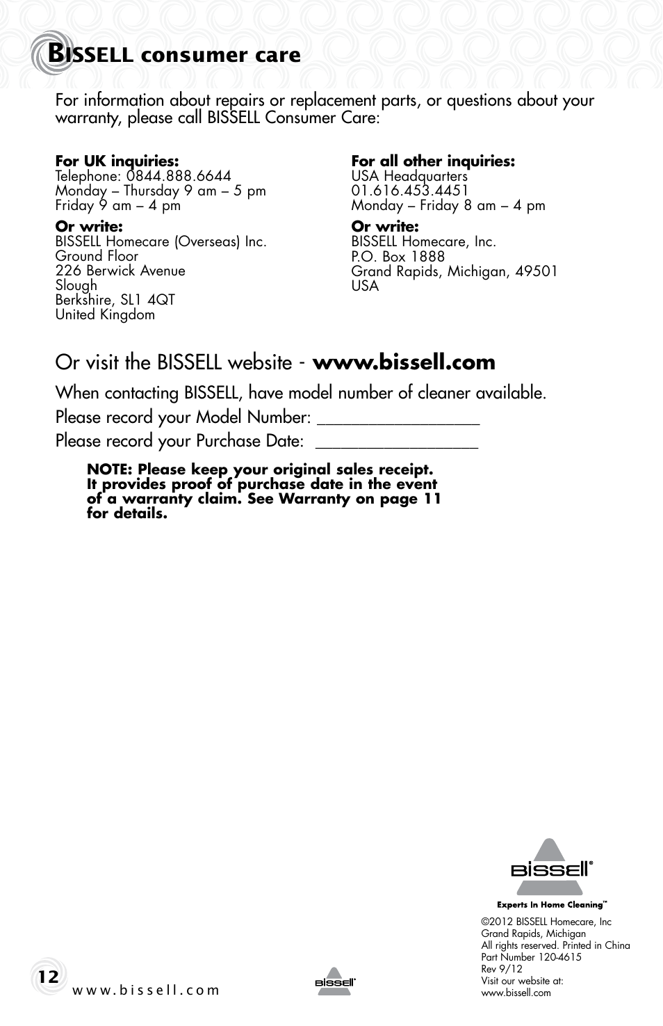 Issell consumer care | Bissell 2635 User Manual | Page 12 / 12