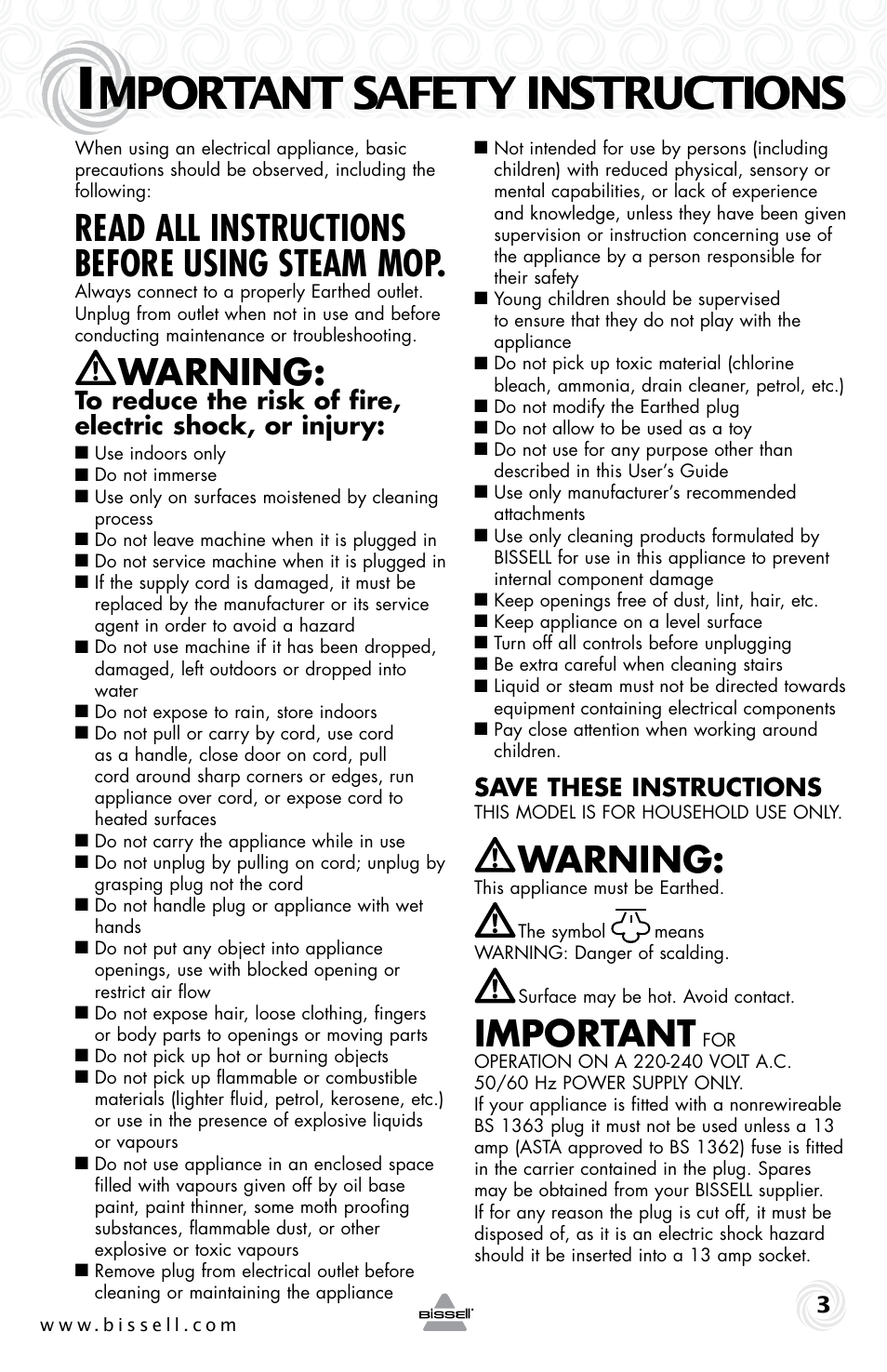 Mportant safety instructions, Read all instructions before using steam mop, Warning | Important, Save these instructions | Bissell 2635 User Manual | Page 3 / 12