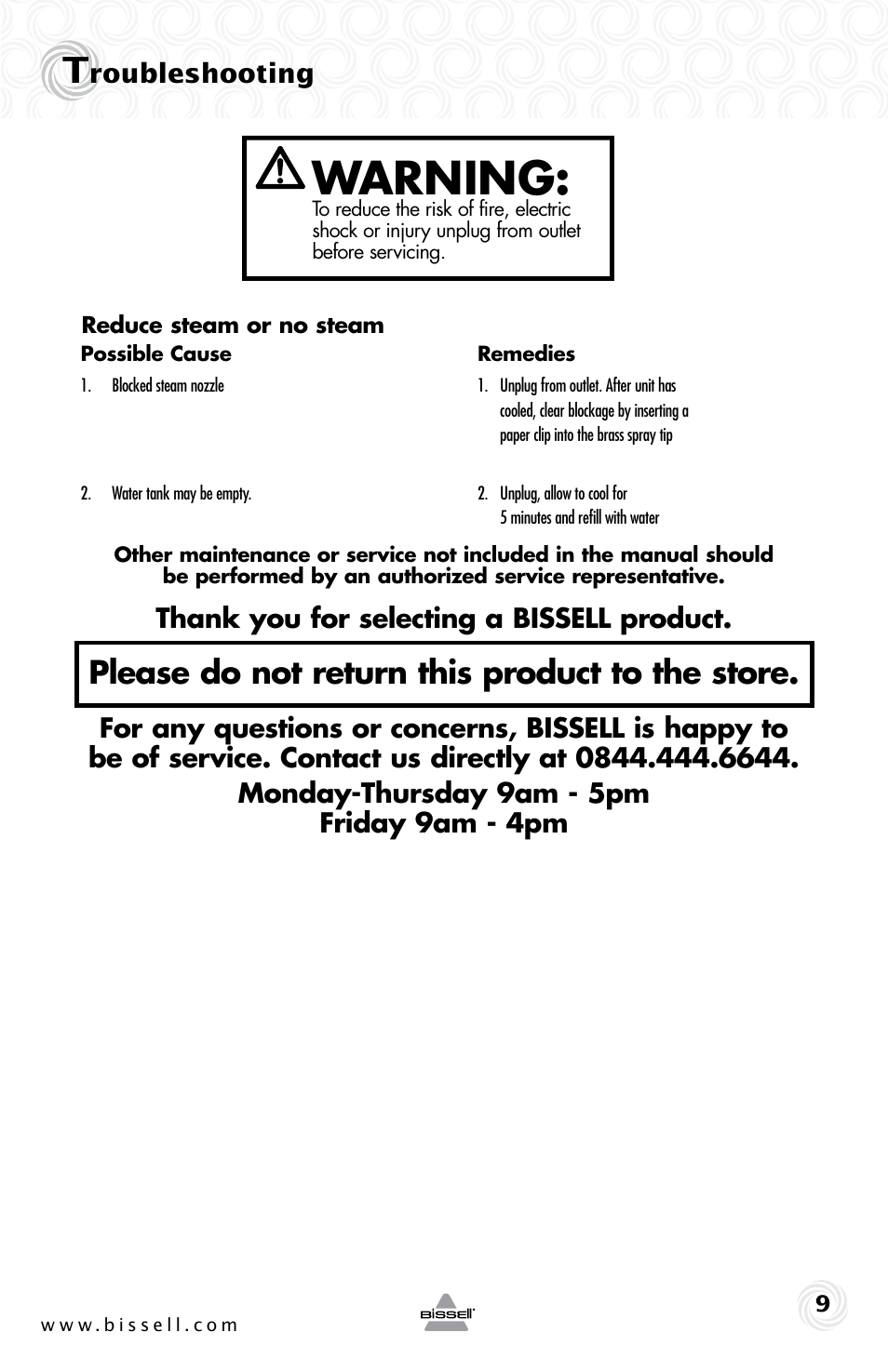 Warning, Please do not return this product to the store, Roubleshooting | Bissell 2635 User Manual | Page 9 / 12