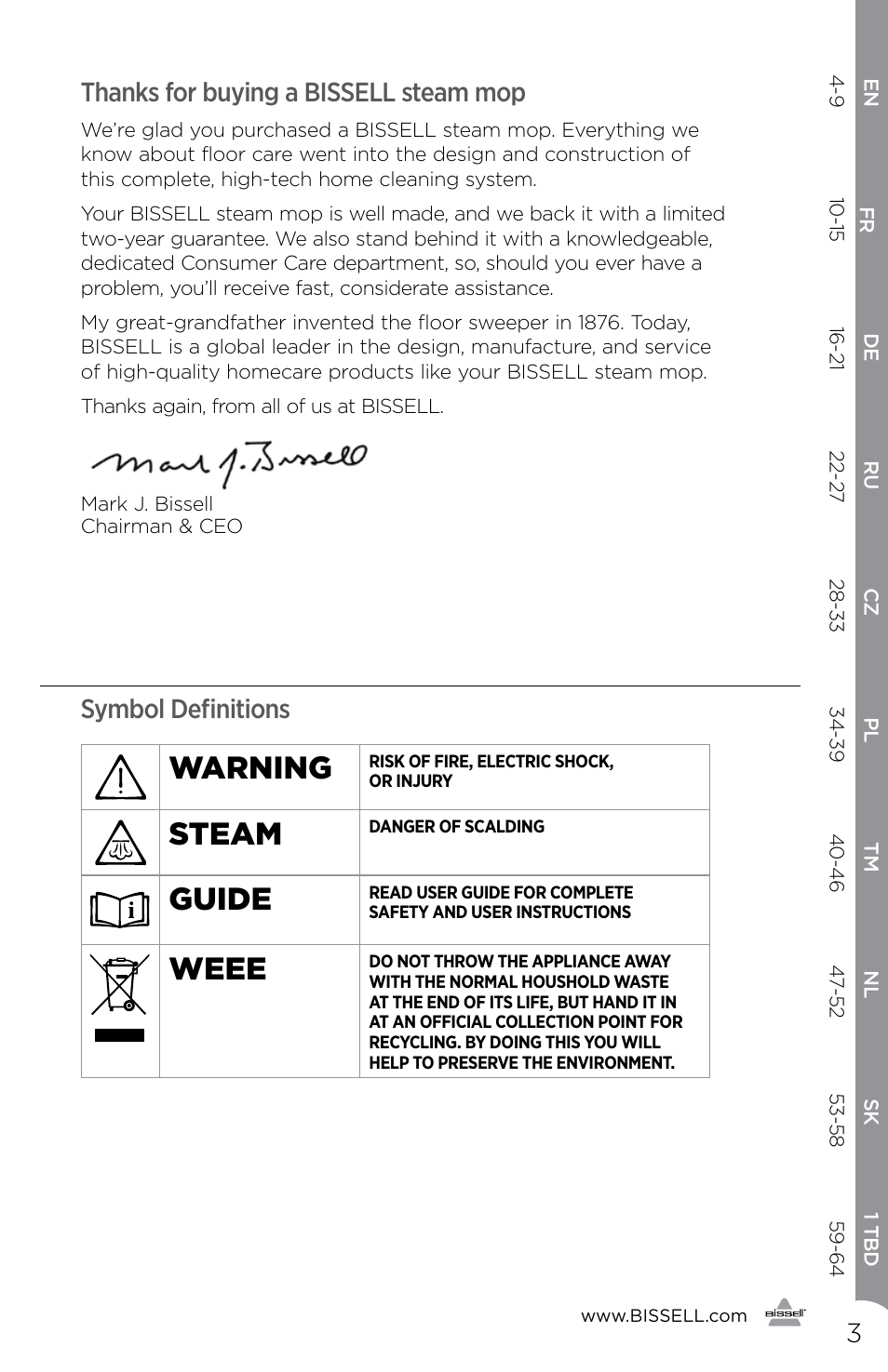Warning, Steam, Guide | Weee, Symbol definitions | Bissell 1440E User Manual | Page 3 / 8