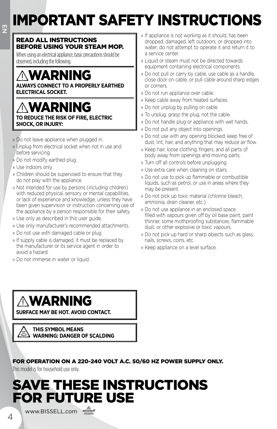 Important safety instructions, Warning, Save these instructions for future use | Bissell 1440E User Manual | Page 4 / 8