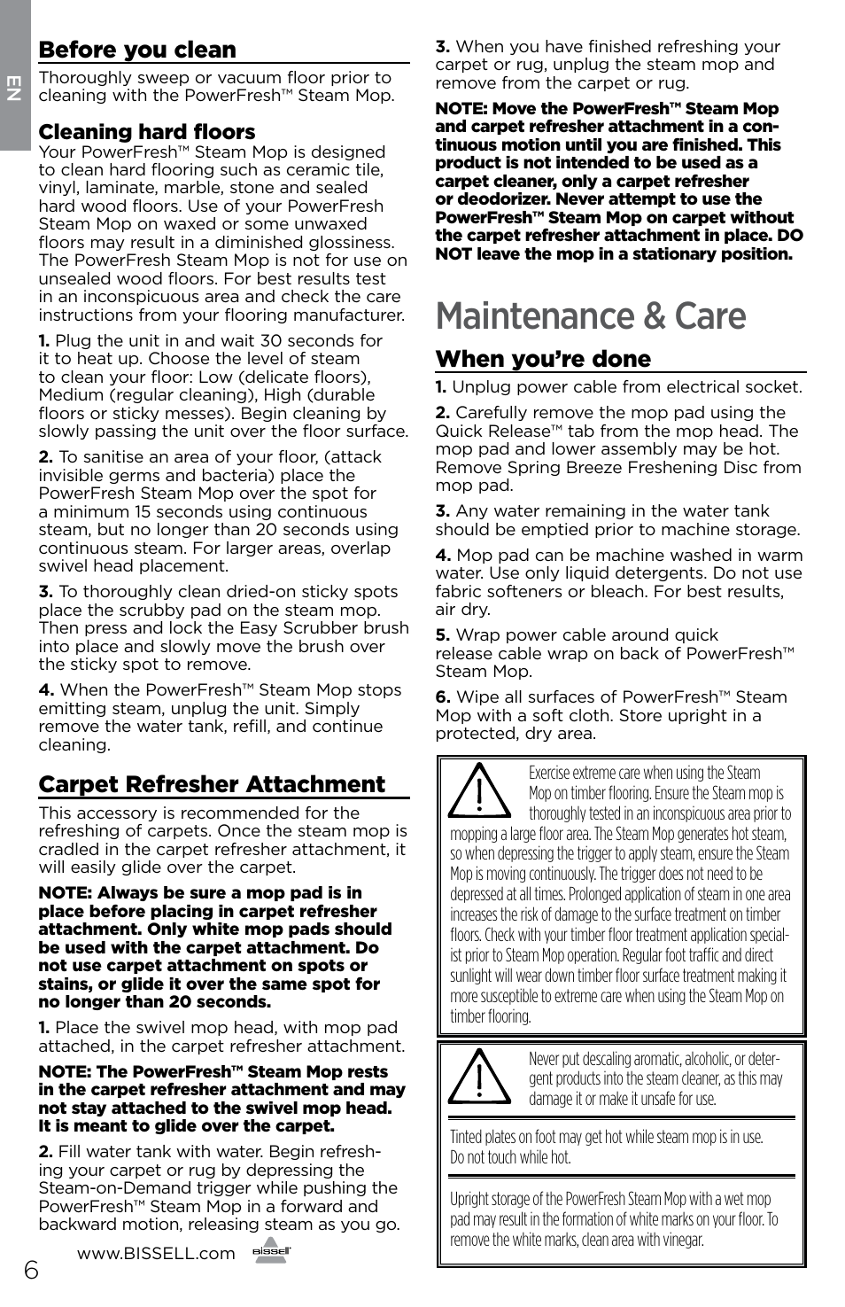 Maintenance & care, Before you clean, Carpet refresher attachment | When you’re done, Cleaning hard floors | Bissell 1440E User Manual | Page 6 / 8
