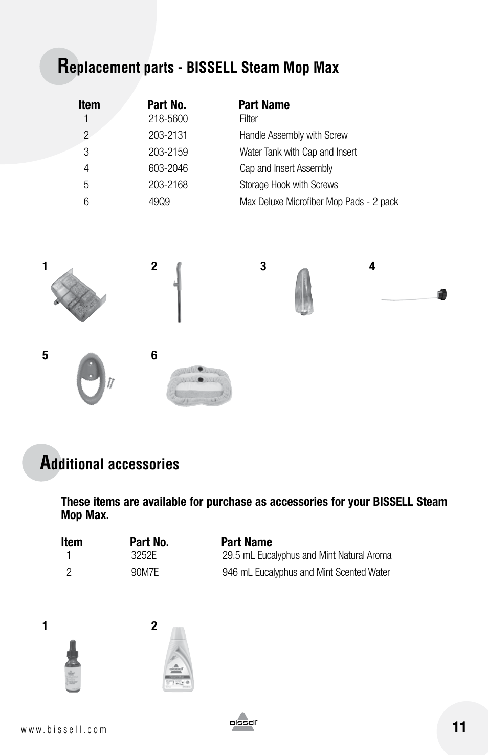 Eplacement parts - bissell steam mop max, Dditional accessories | Bissell 65A8 User Manual | Page 11 / 12