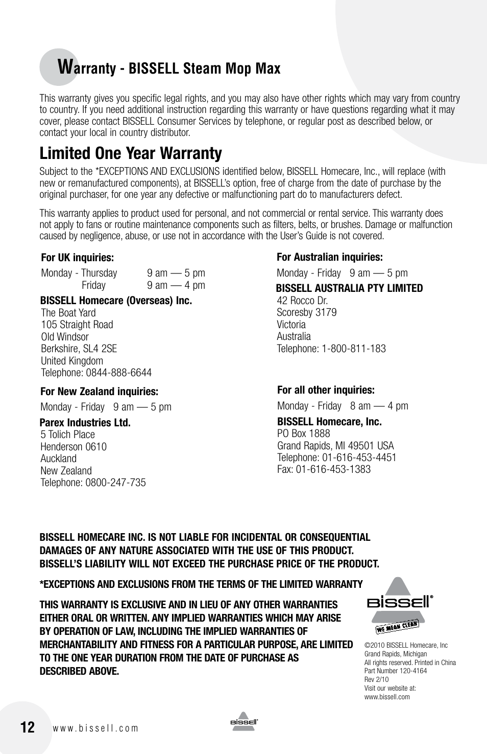 Limited one year warranty, Arranty - bissell steam mop max | Bissell 65A8 User Manual | Page 12 / 12